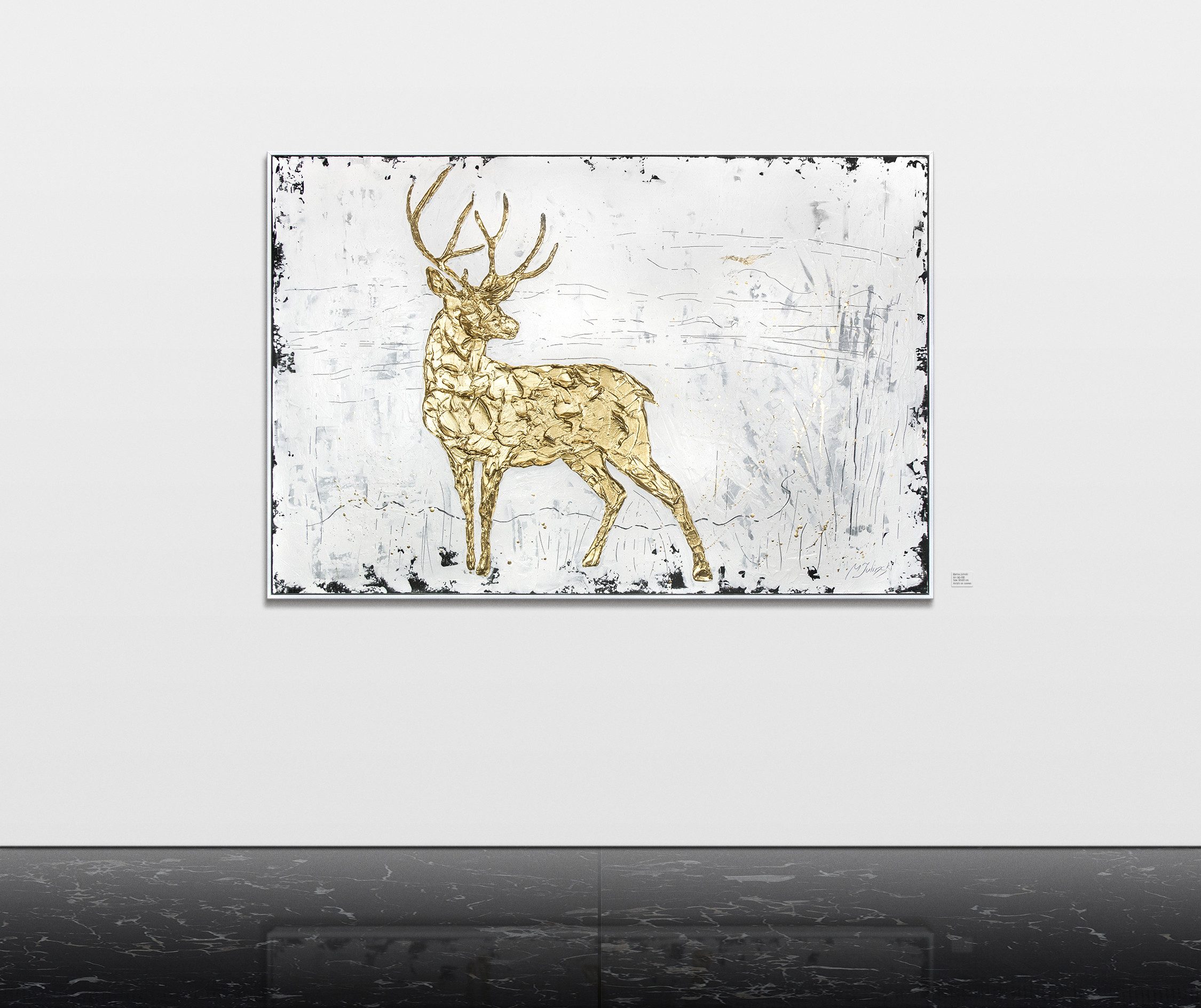 YS-Art Gemälde Goldene Würde, Tiere, Hirsch auf Leinwand Handgemalt in Gold Leinwanbild mit Rahmen