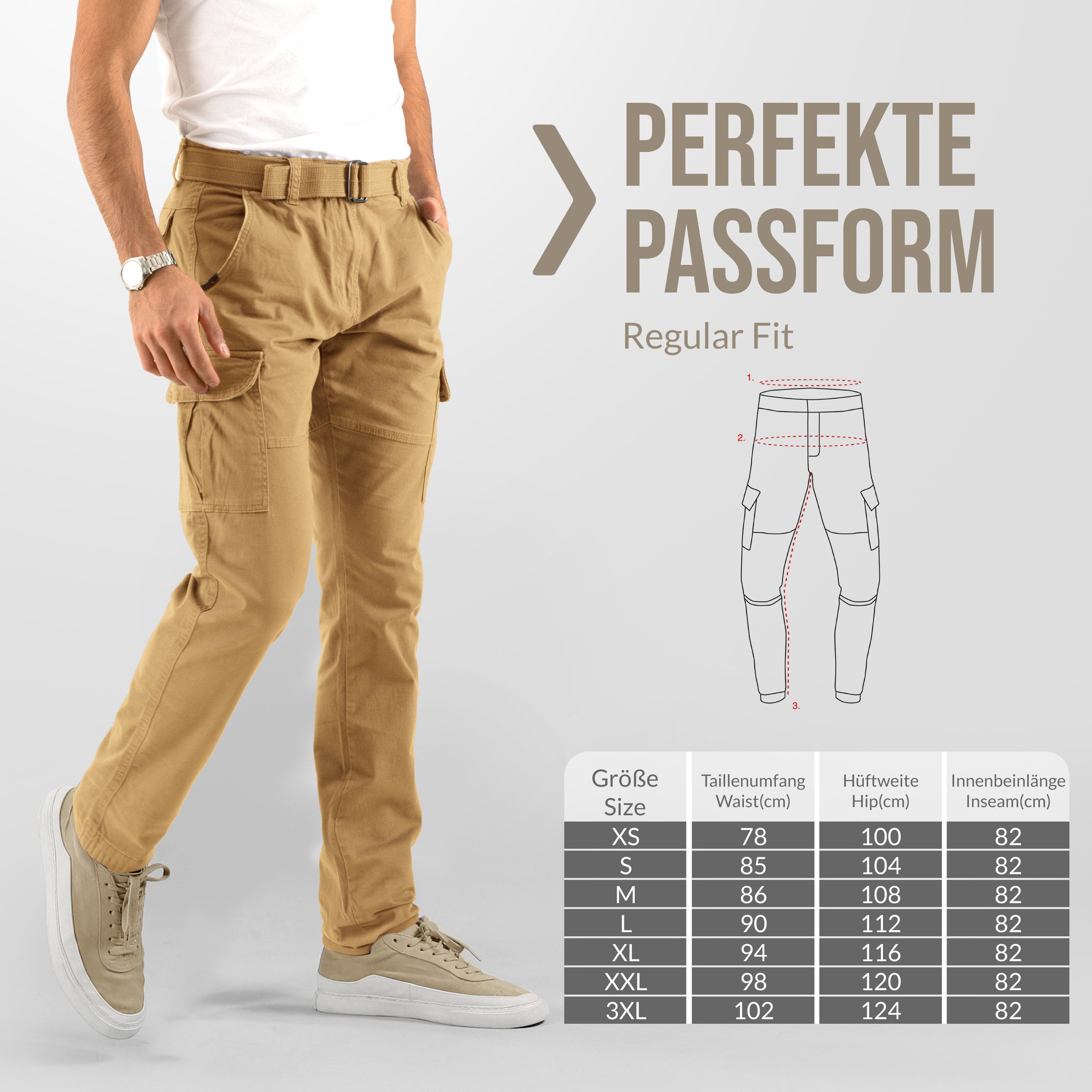Indicode Cargohose Herren William Cargo Hose Herrenhose mit 7 Taschen, inkl. Gürtel