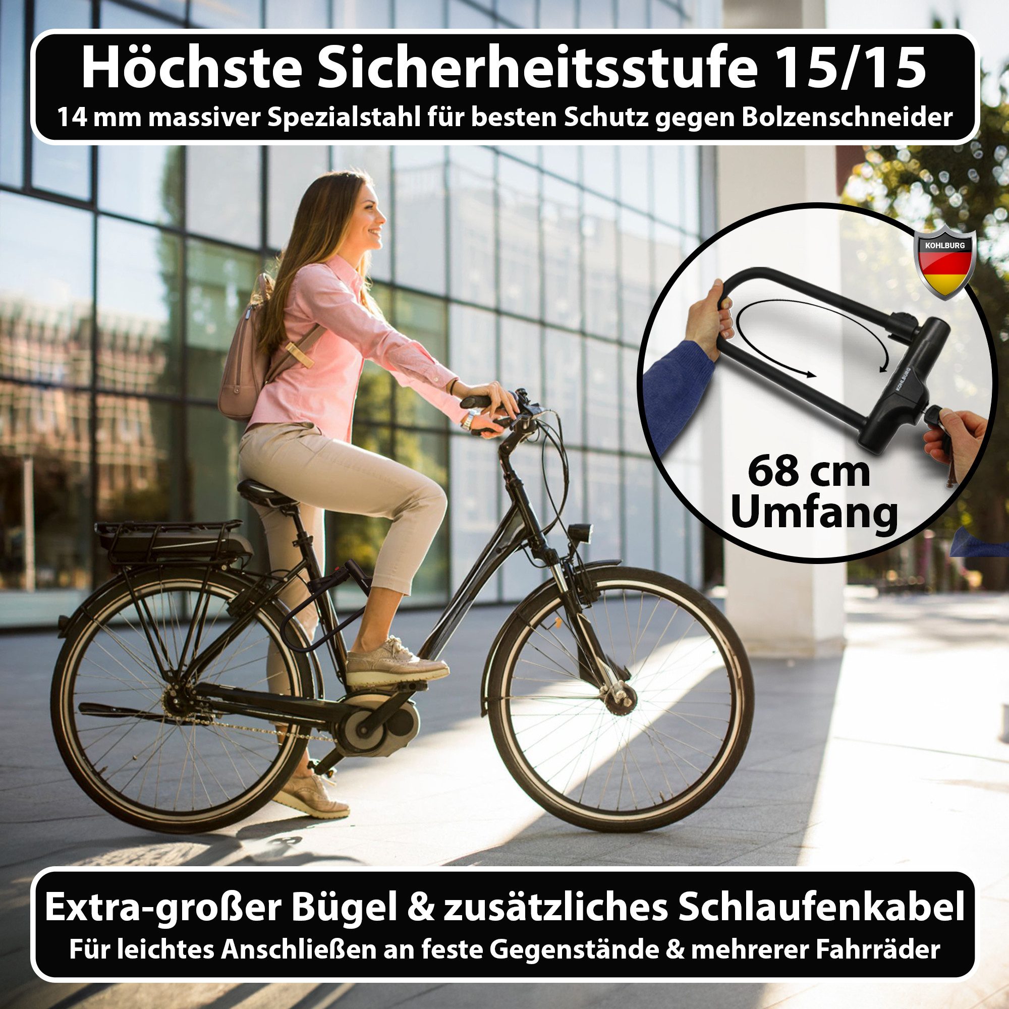 KOHLBURG Bügelschloss [höchste Sicherheitsstufe 15/15] mit extra 170 cm Kabel & Halterung, Großes Bügel Fahrradschloss mit Halterung für E-Bike & Fahrrad