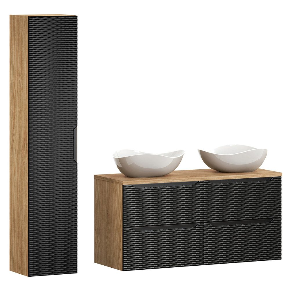 Lomadox Badmöbel-Set OLUO-56-BLACK, (Spar-Set, 2-St., Waschtisch Hochschrank Hängeschrank Badkommode), mit 120cm Waschtisch, Eiche mit schwarz, 3D-Oberfläche