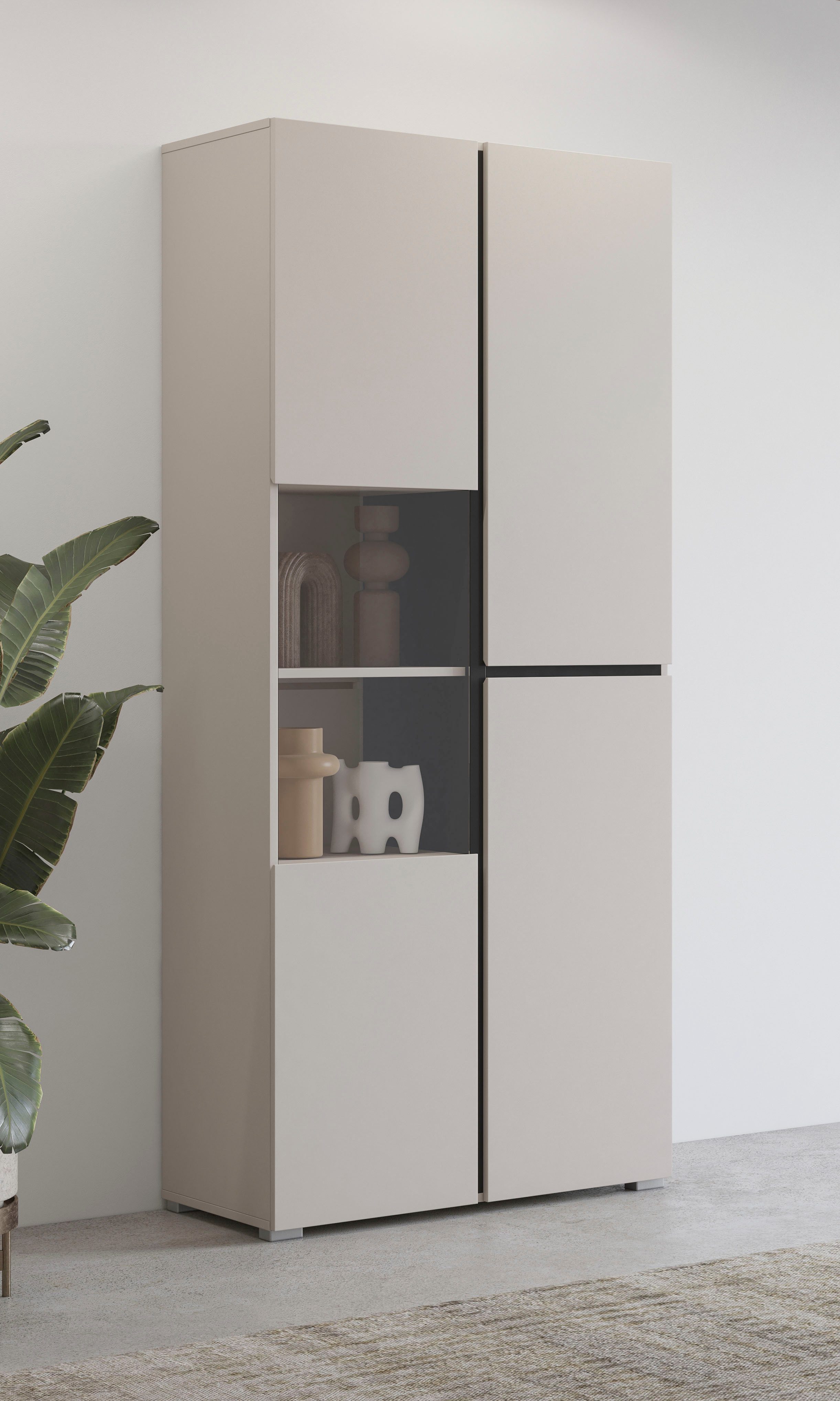 OTTO home Vitrine Cross, Höhe 183,5 cm, moderne grifflose Standvitrine mit 3 Türen Hochschrank mit viel Stauraum, Glastür und verstellbaren Einlegeböden