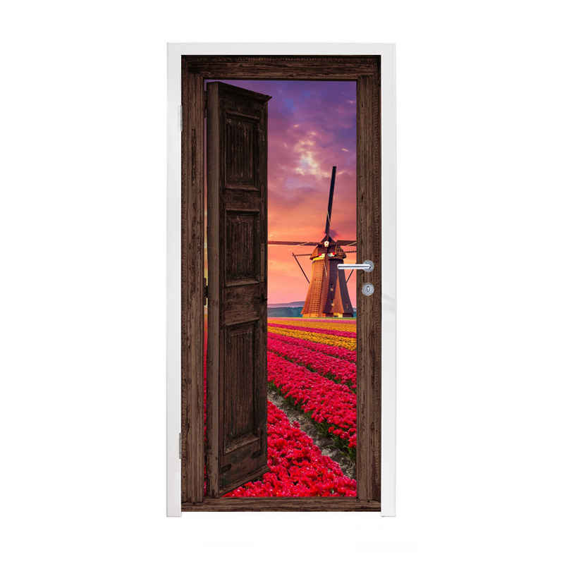 MuchoWow Türtapete Dunkelbraune Tür - Durchsichtig - Windmühle - Blumen, Matt, bedruckt, (1 St), Selbstklebende Tapete, Folie für Möbel, 75x205 cm
