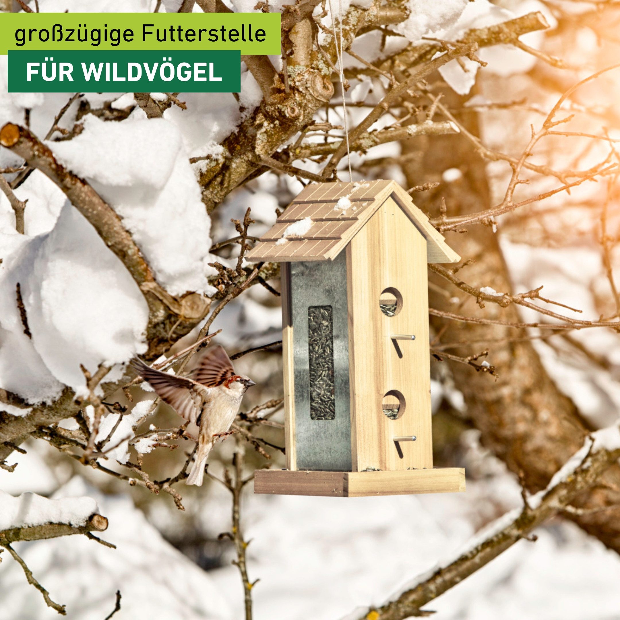 Windhager Vogelhaus Country, Futterspender aus Kiefernholz, mit Schindeldach, Futterstation inkl. Aufhängung, Füllmenge ca. 3 L, 17,5x19x38 cm