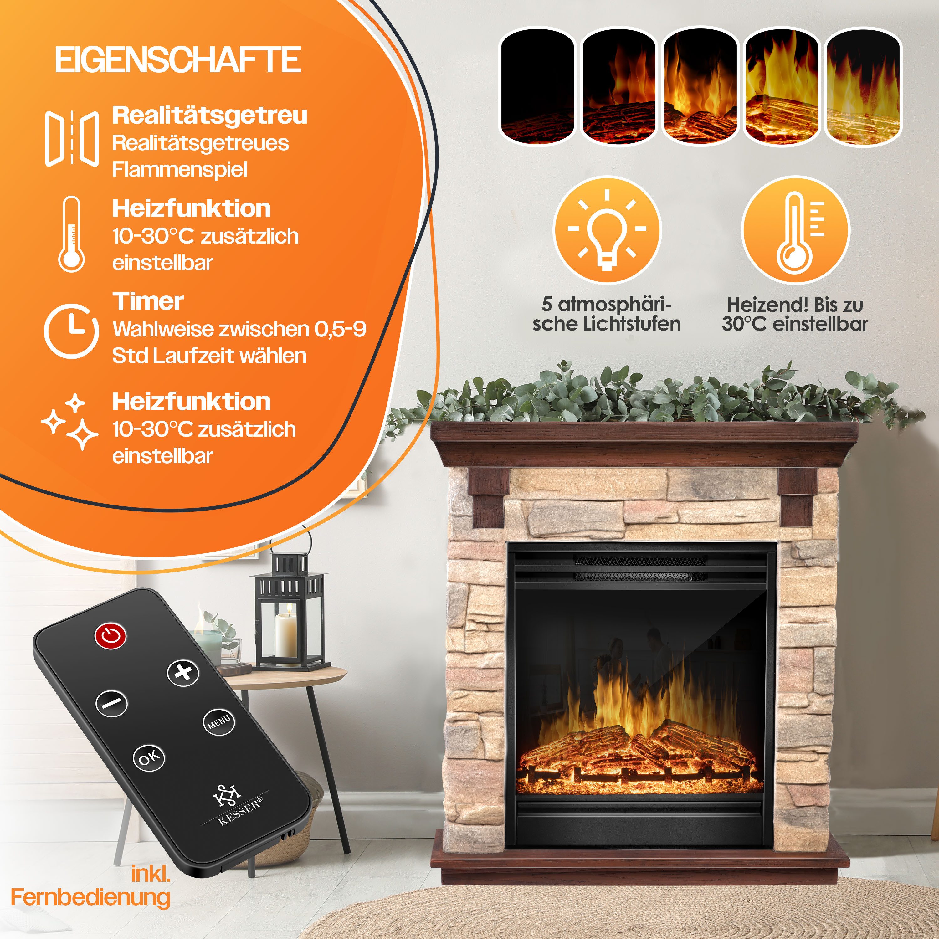 KESSER Elektrokamin, Elektrokamin Standkamin Kamin elektrisch mit LED 3D-Flamme