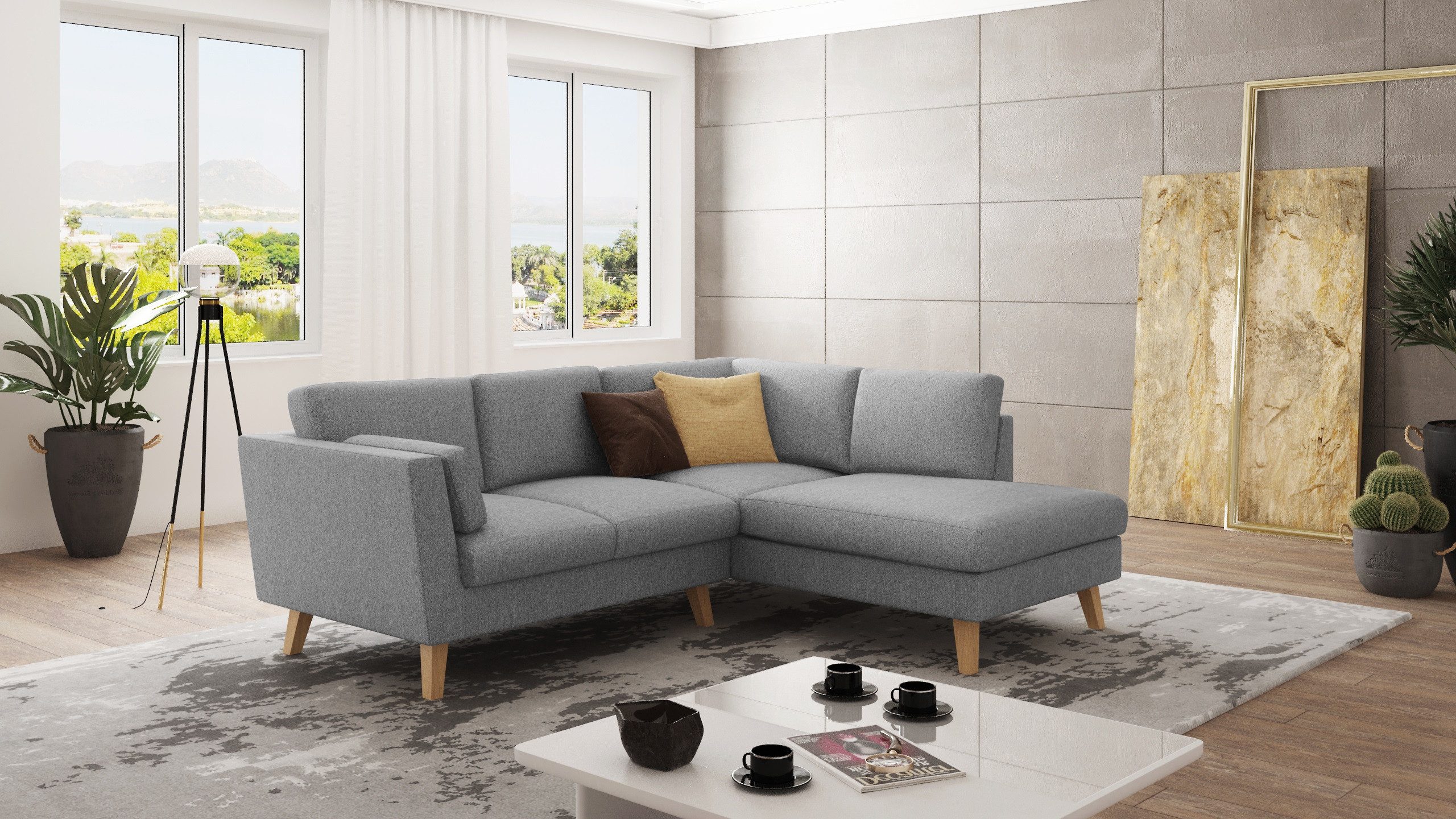 S-Style Möbel Ecksofa mit Holzfüßen im skandinavischen Stil Angeles, mit Wellenfederung