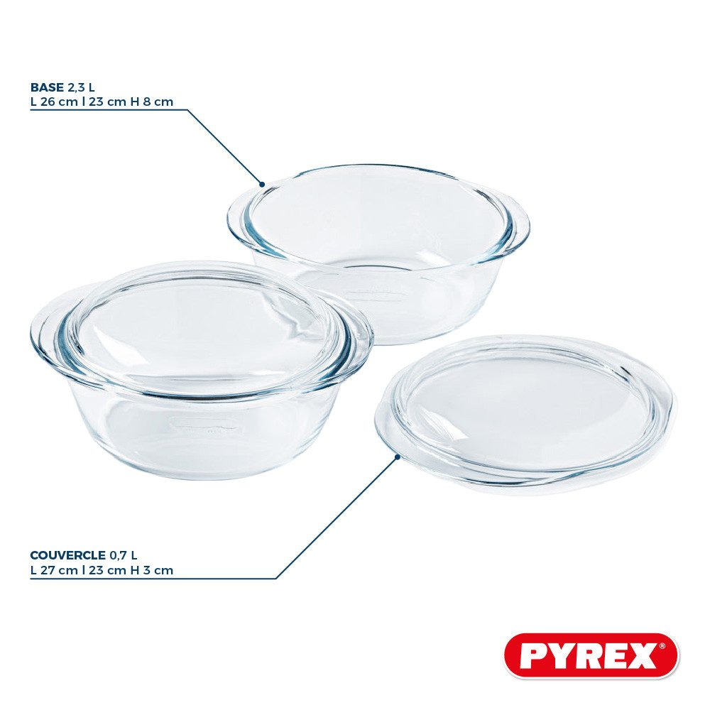 PYREX Auflaufform 4 in 1 Kasserollen-Set rund, je 3 l, Borosilikatglas, (2-St), mit Glasdeckel, hitzebeständig, mikrowellengeeignet, gefriergeeignet