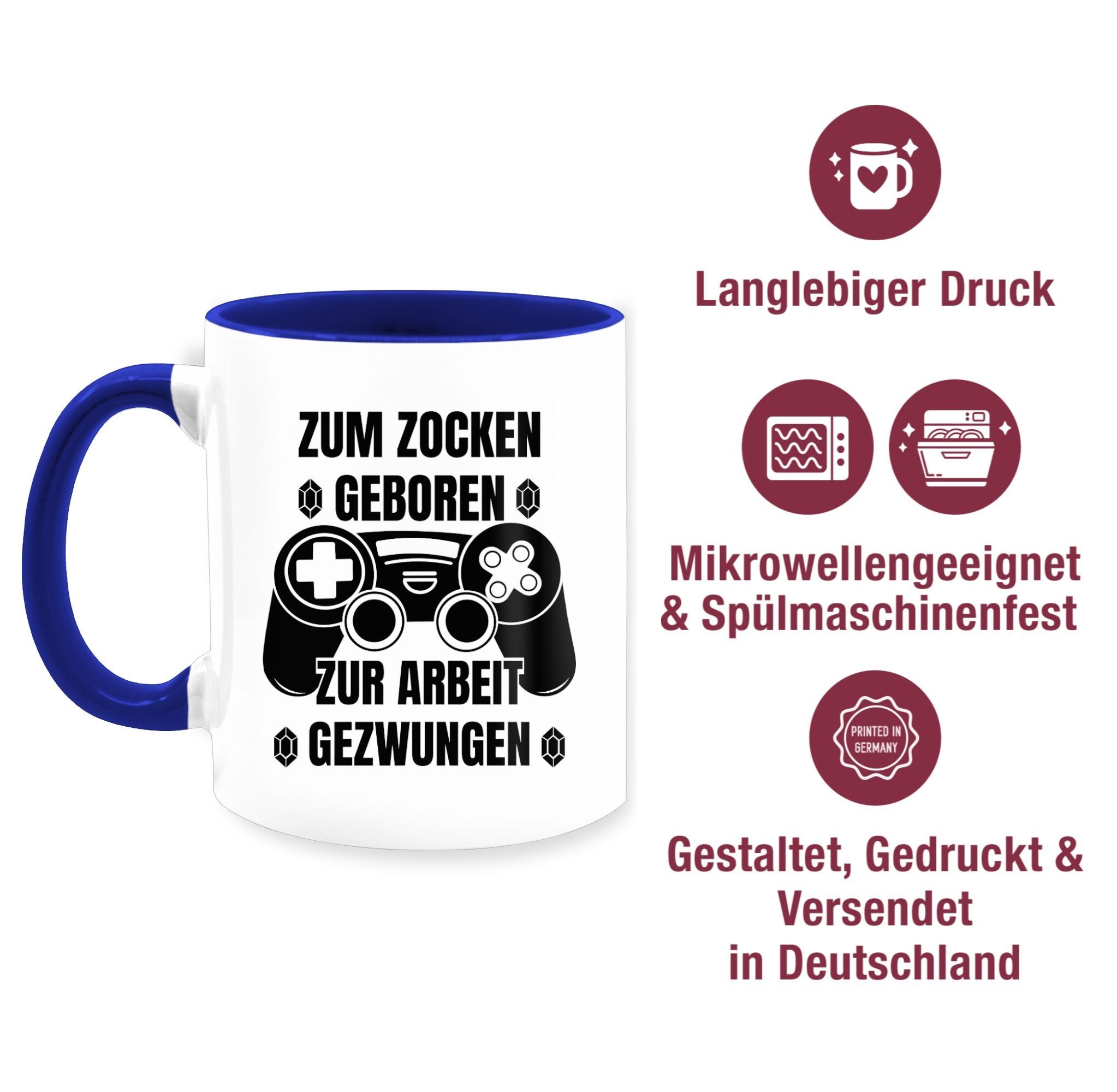 Tasse Shirtracer geboren Keramik, 2 Geschenk Zocken Dunkelblau Arbeit Kaffeetasse gezwungen, Zum Hobby zur