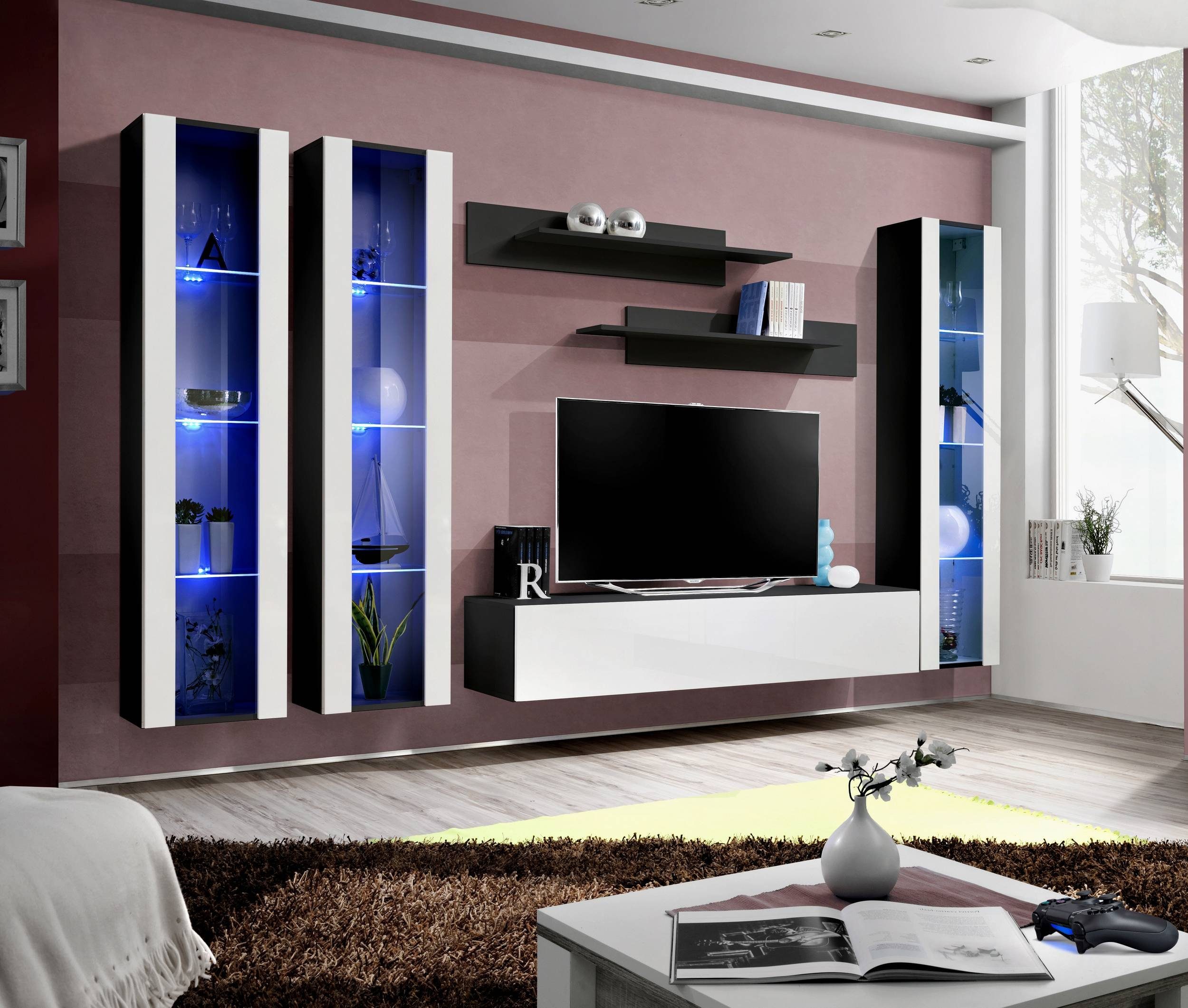 99rooms Wohnwand Fli C II, (Wohnmöbel, Wohnzimmer-Set, Set (6-St), inkl. LED-Beleuchtung, Glaseinsatz, Push-to-Open, aus Holzwerkstoff
