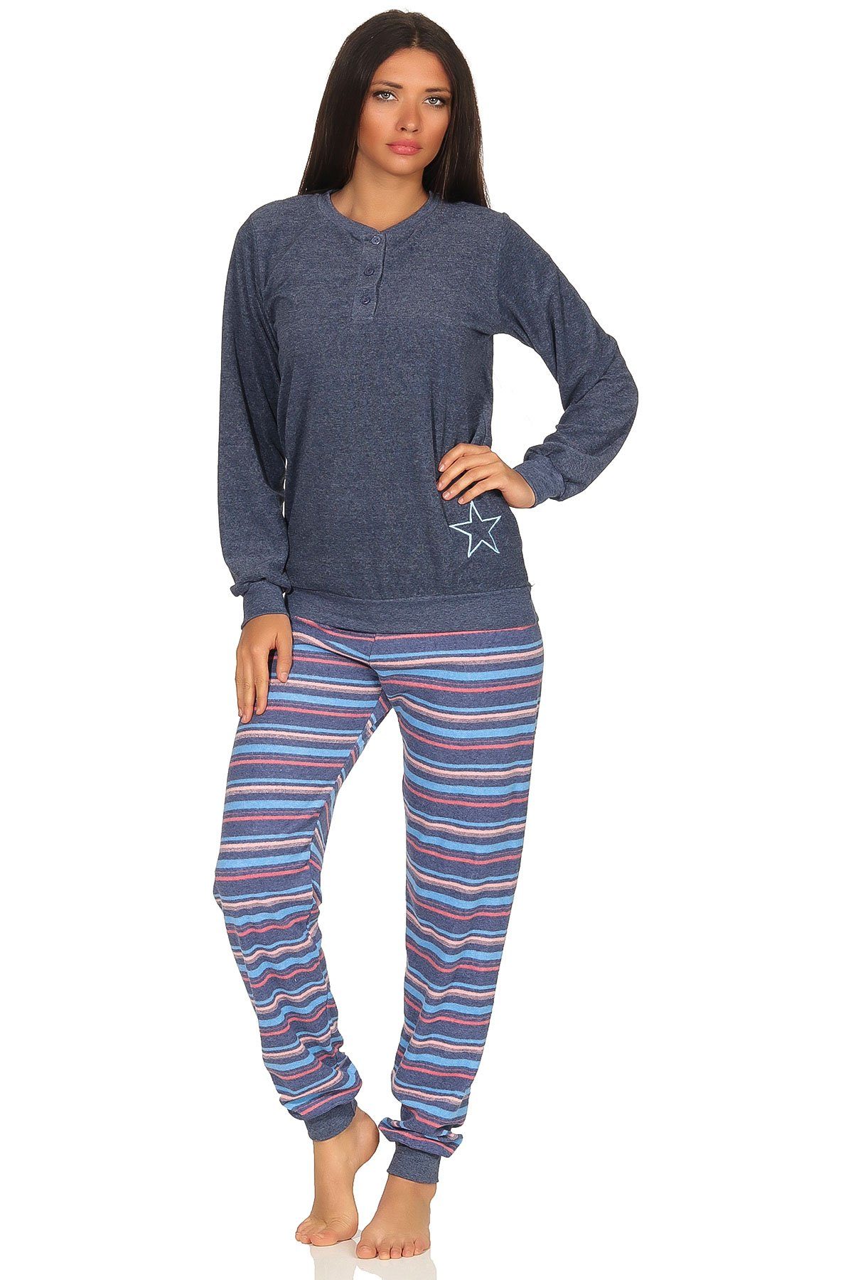 lang Damen Pyjama Frottee Bündchen blau-melange Hose Pyjama Normann gestreift mit