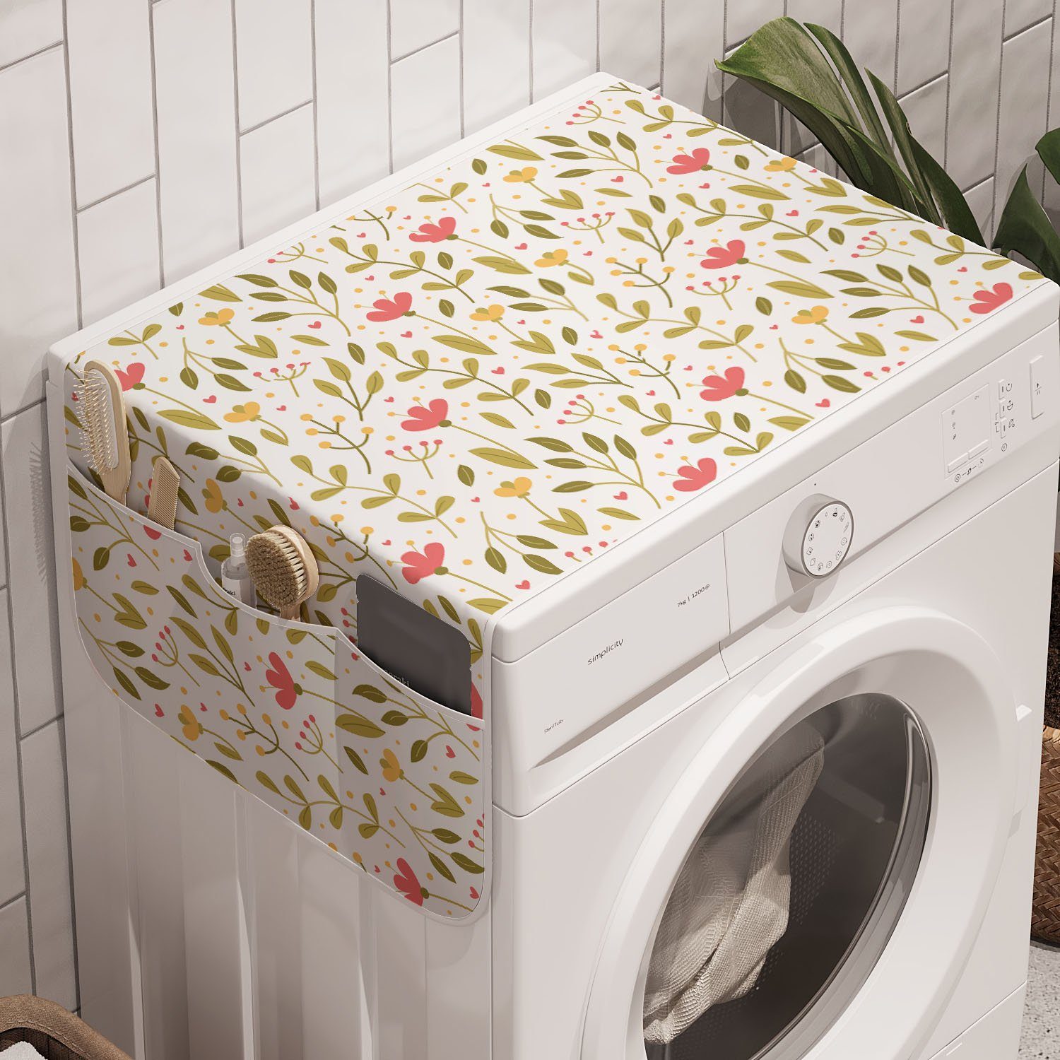 Abakuhaus Badorganizer Anti-Rutsch-Stoffabdeckung für Waschmaschine und Trockner, Frühling Cartoon Garden Floral-Motive