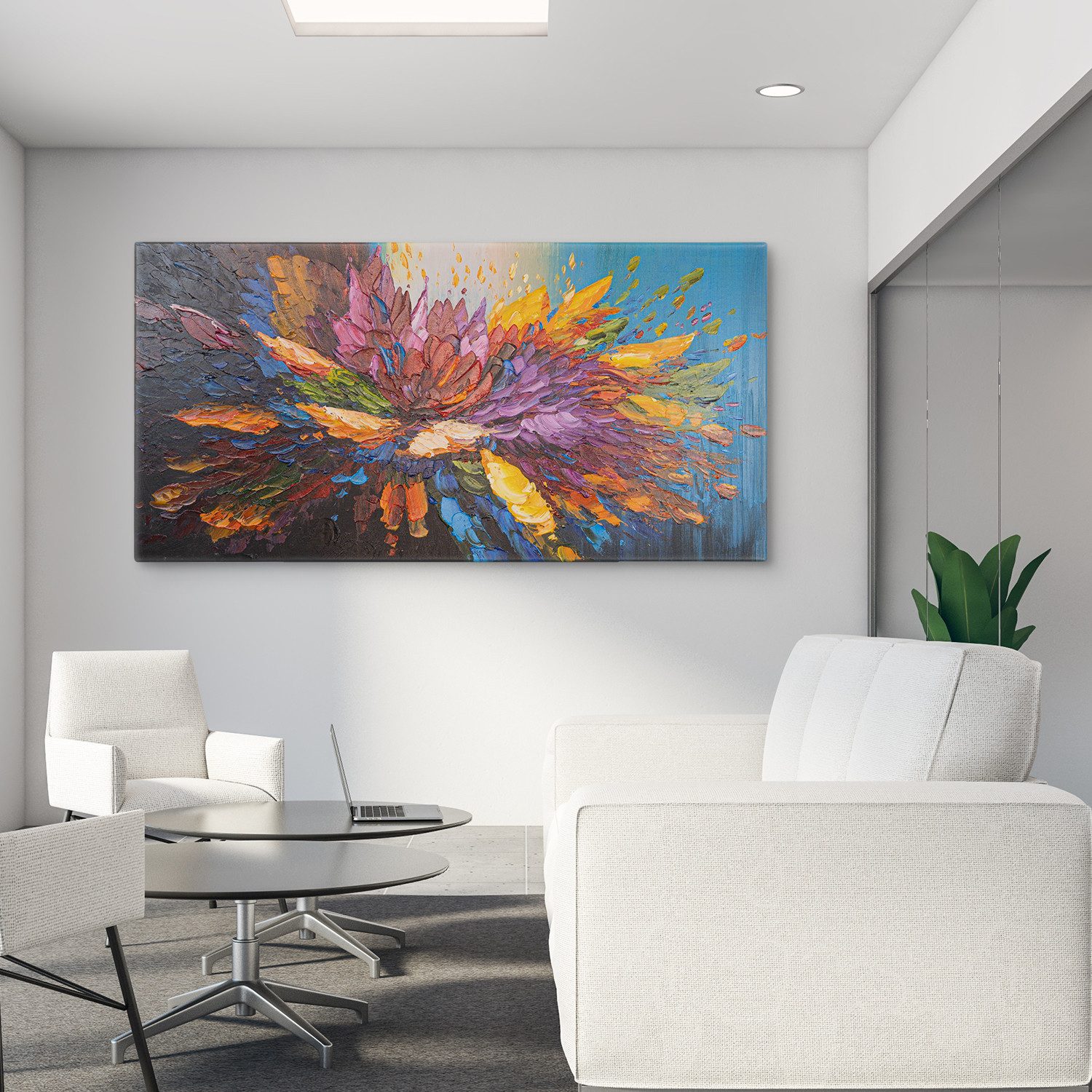 AUREDAS Gemälde "Tanz der Farben", Gemälde, 140x70cm, ohne Rahmen, Abstrakt, Blüte, Gemälde mit Strukturpaste und Acrylfarbe, Panorama Format