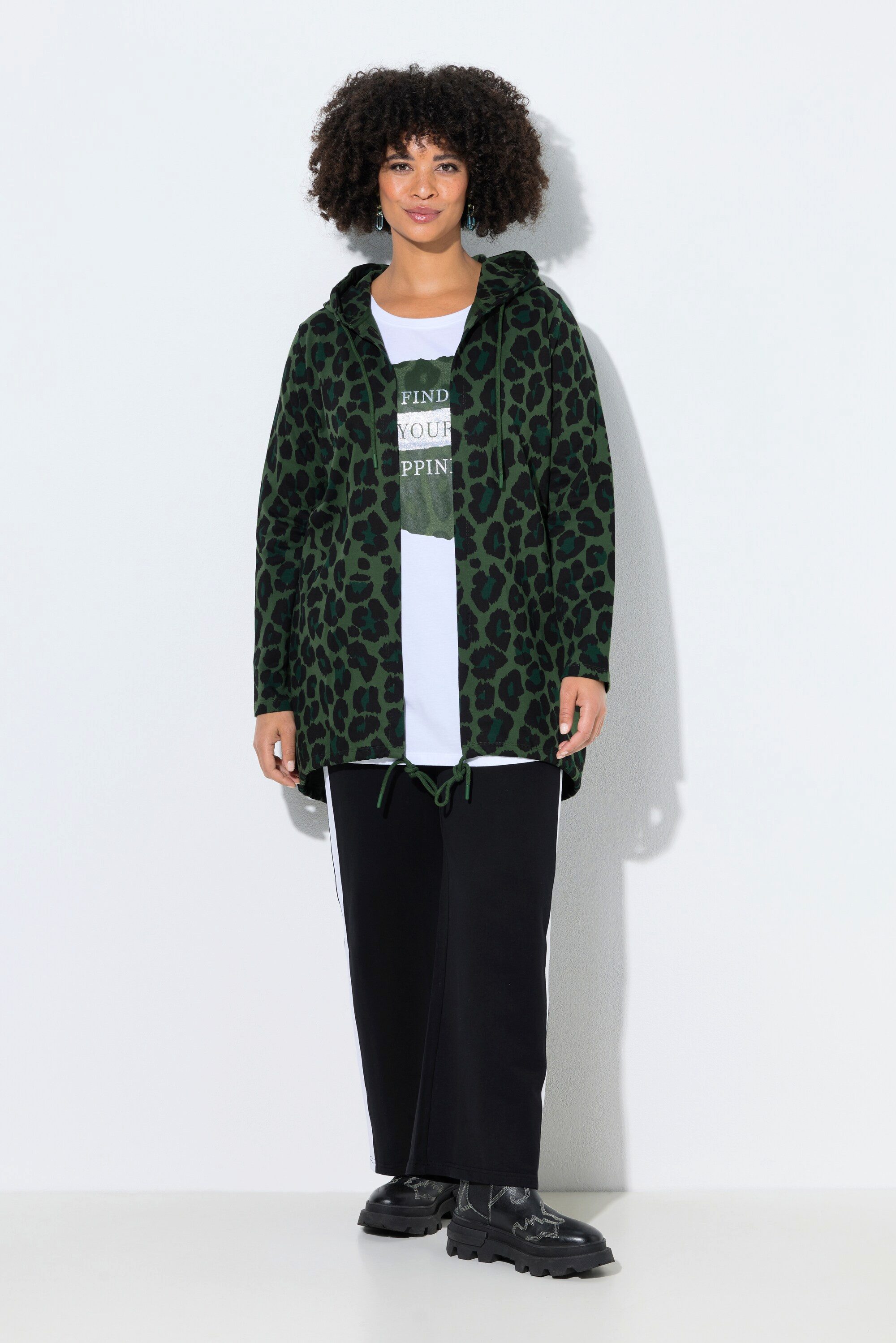 Sweatjacke Sweatjacke längere offene Form Kapuze Color-Leo