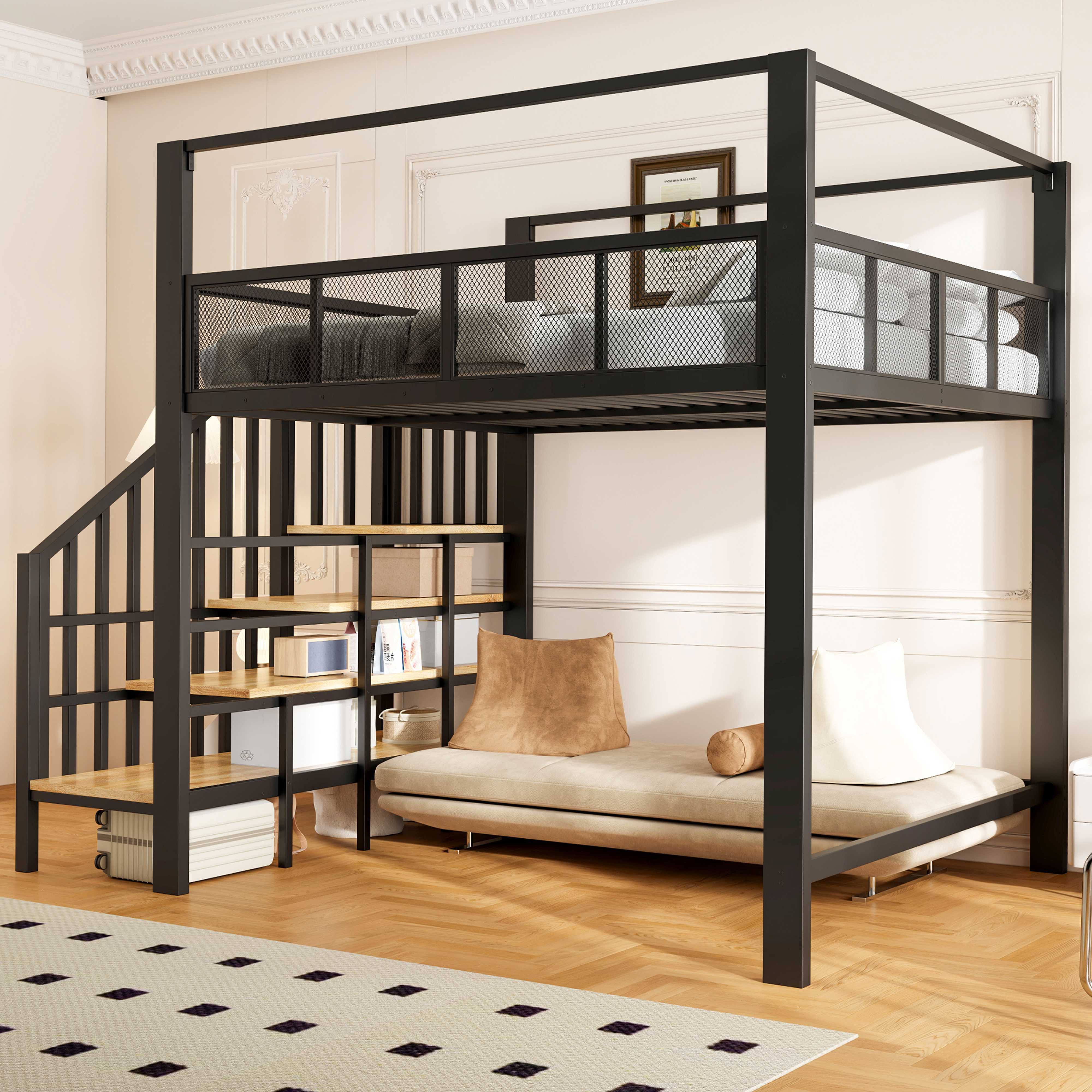 BlingBin Hochbett Metallbett Kinderbett Jugendbett mit Baldachin,Sicherheitstreppe (3 Packung, 1-St., Arbeitsfläche unter dem Bett, Stauraumstufen) Einzel-Hochbett fürs Schlafzimmer,Schwarz,140×200cm