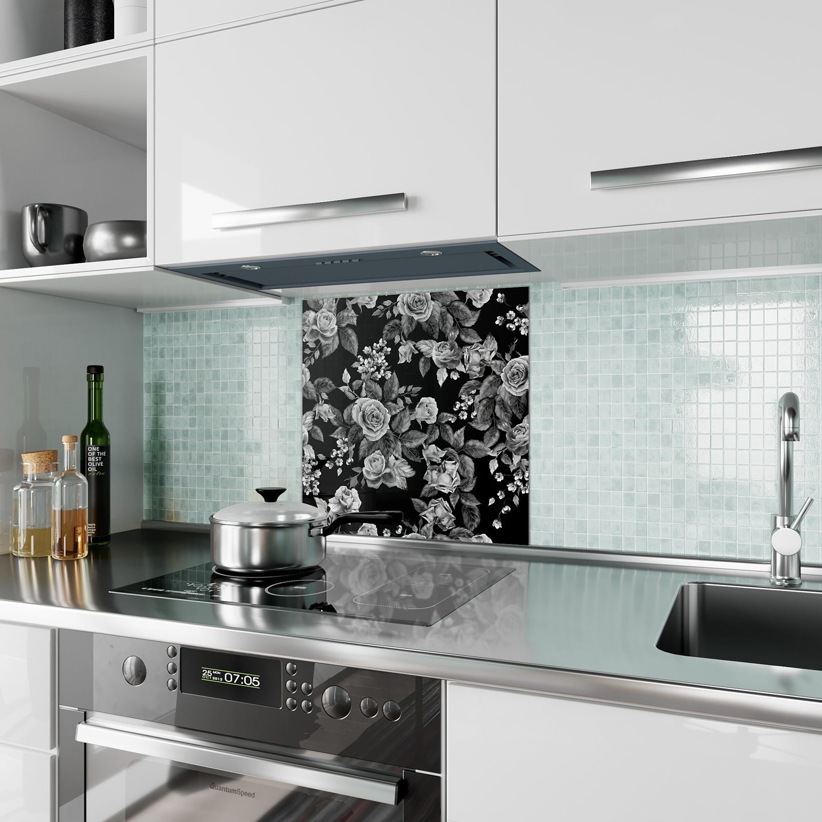 Primedeco Küchenrückwand Küchenrückwand Spritzschutz Glas Motiv mit Florales Rosenmuster