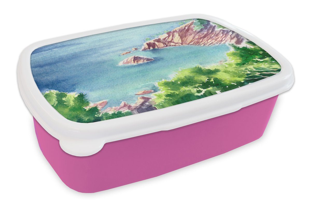 MuchoWow Lunchbox Meer - Berge - Wald, Kunststoff, (2-tlg), Brotbox für Erwachsene, Brotdose Kinder, Snackbox, Mädchen, Kunststoff rosa