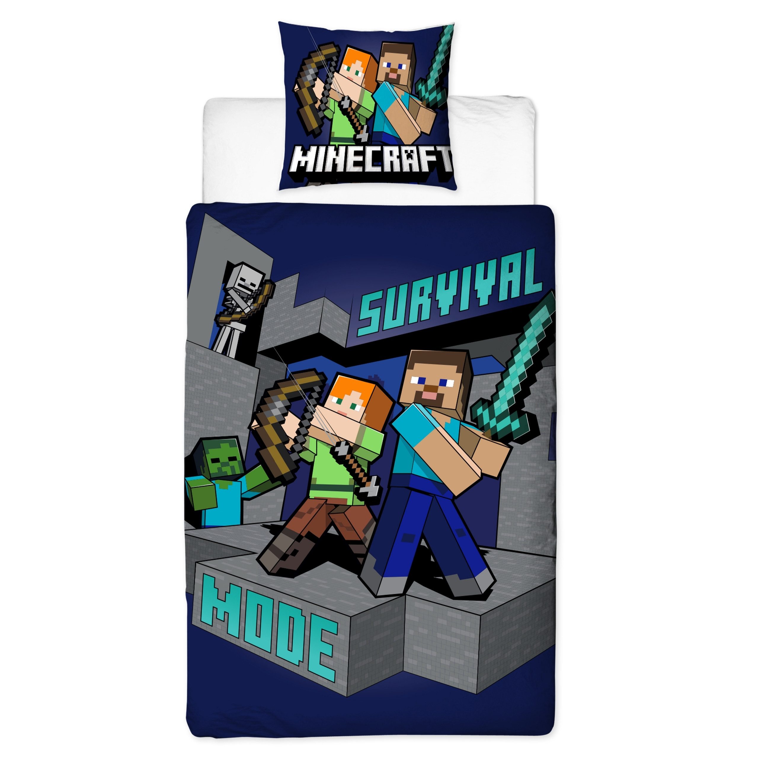 MTOnlinehandel Kinderbettwäsche Minecraft 135x200 + 80x80 cm, Geschenk für Gamer, Microfaser, 2 teilig, Wendebettwäsche für Mädchen und Jungen, Gaming