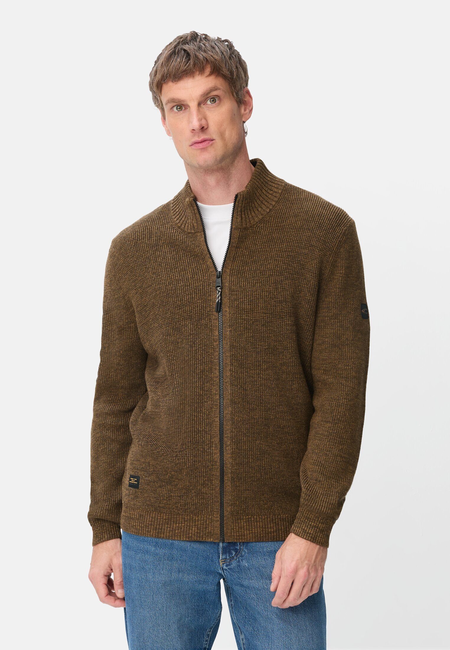 camel active Strickjacke aus Baumwollgemisch Langarm Stehkragen