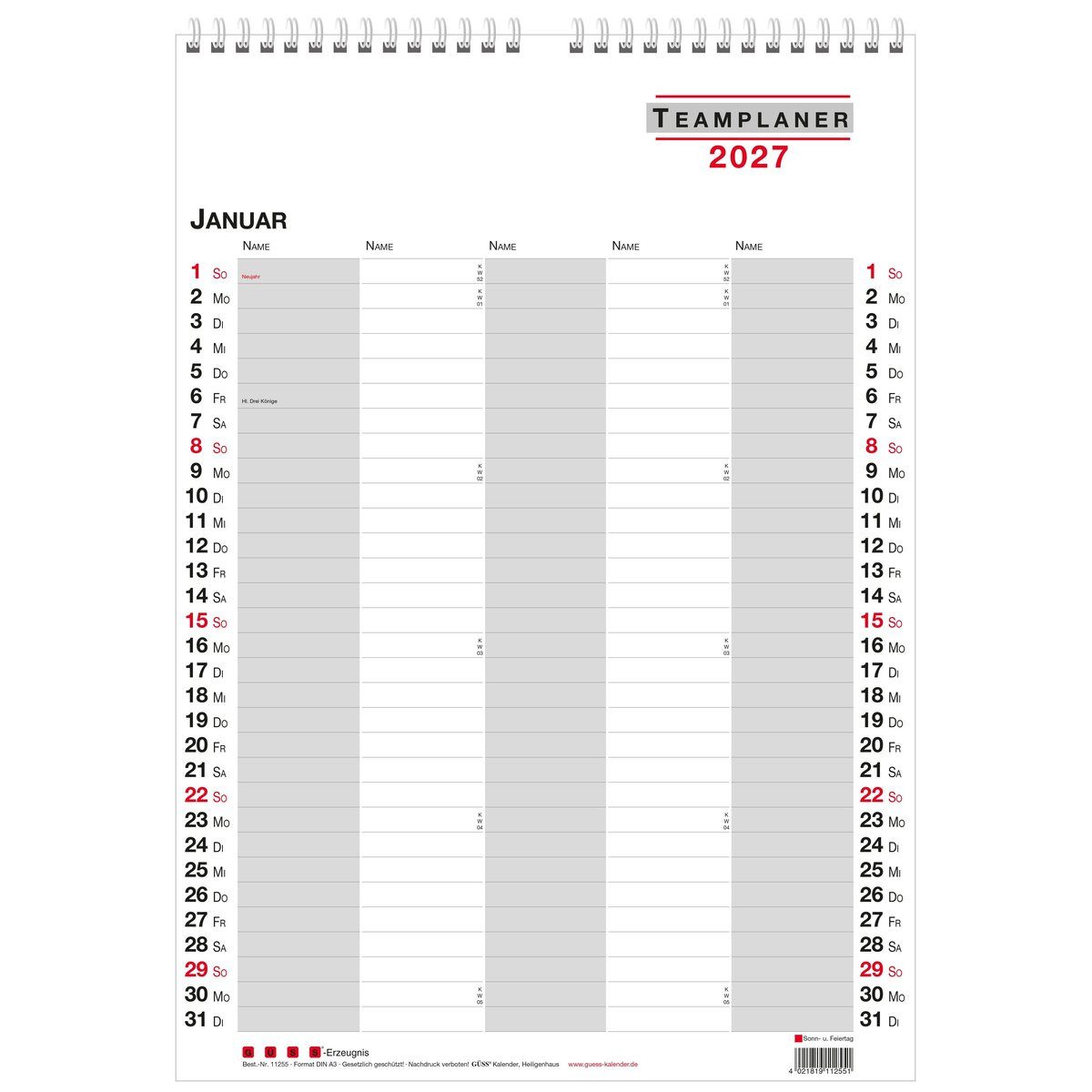 GÜSS Kalender Jahresplaner Teamplaner 29,7x42cm bis 5 Personen Kalendarium 2027