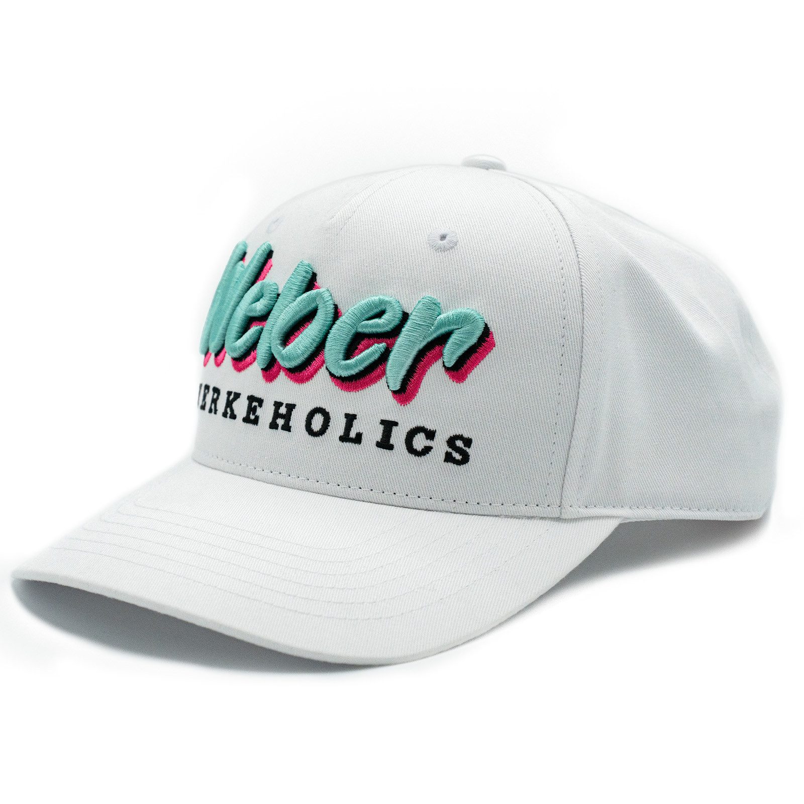 Weber GmbH Baseball Cap Weber #Werkeholics Baseball Cap weiß/türkis (1-St) basecap, mit bedrucktem Unterschirm