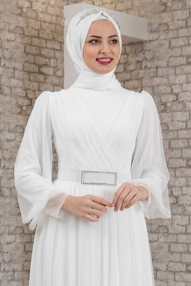 Abaya Hijab Kleid langärmliges Tüllkleid Modavitrini mit Gürtel Abendkleid Damen Ecru-Weiß Abiye Maxikleid