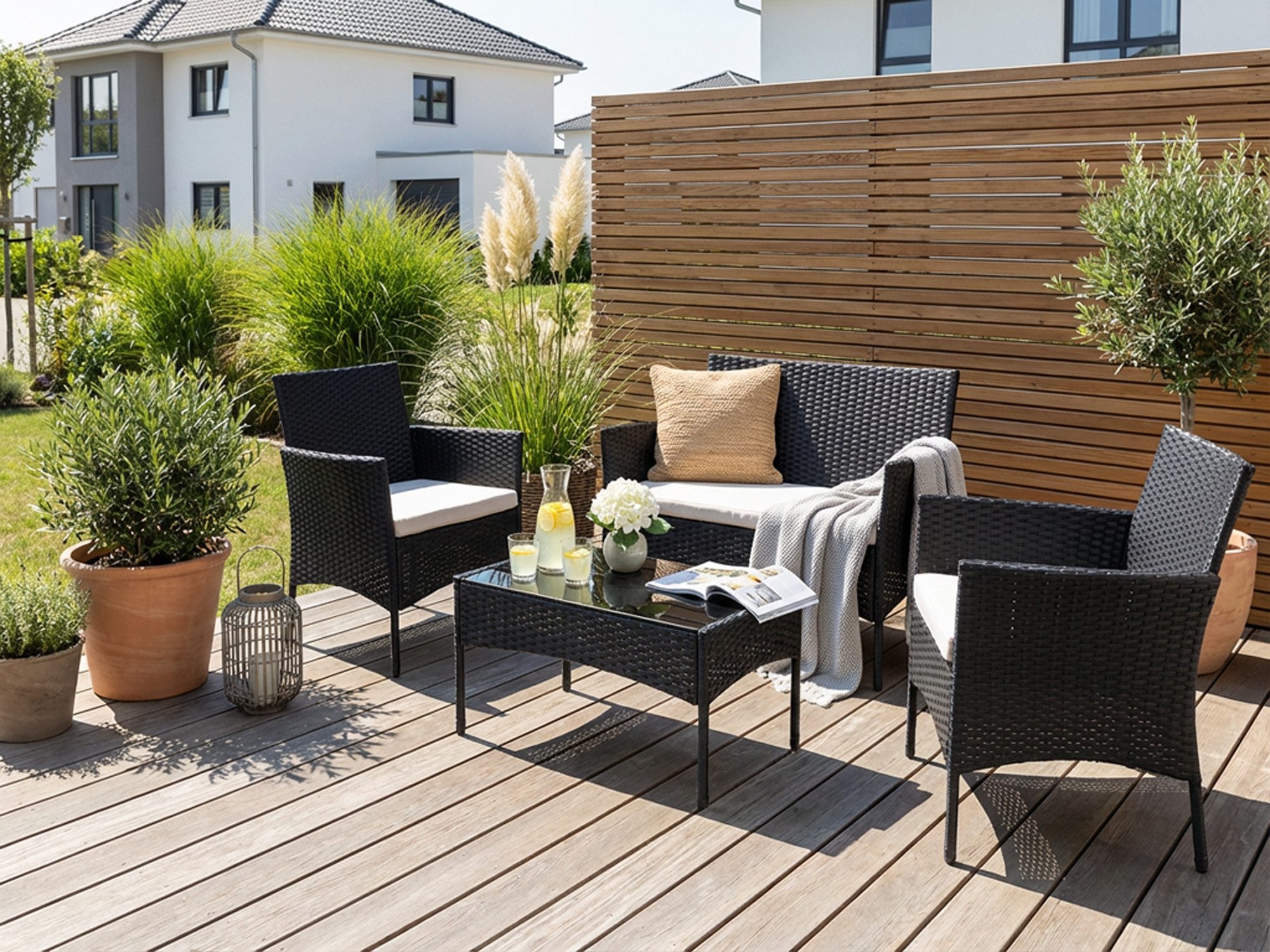 KONIFERA Gartenlounge-Set Balkonset »Palma«, (Set, 7-tlg., 1x2er Sofa, 2 Sessel, Tisch 41x71x39 cm, inkl. Auflagen), Stahl/Polyrattan