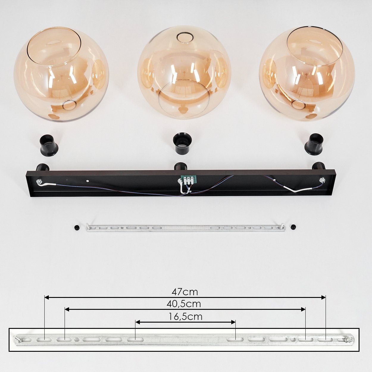 3xE27 Deckenleuchte Metall/Glas Retro/Vintage-Design (30cm), Schirmen hofstein mit aus »Cesaro« Leuchtmittel, aus ohne Schwarz/Bernsteinfarben, im Glas in Deckenlampe Leuchte