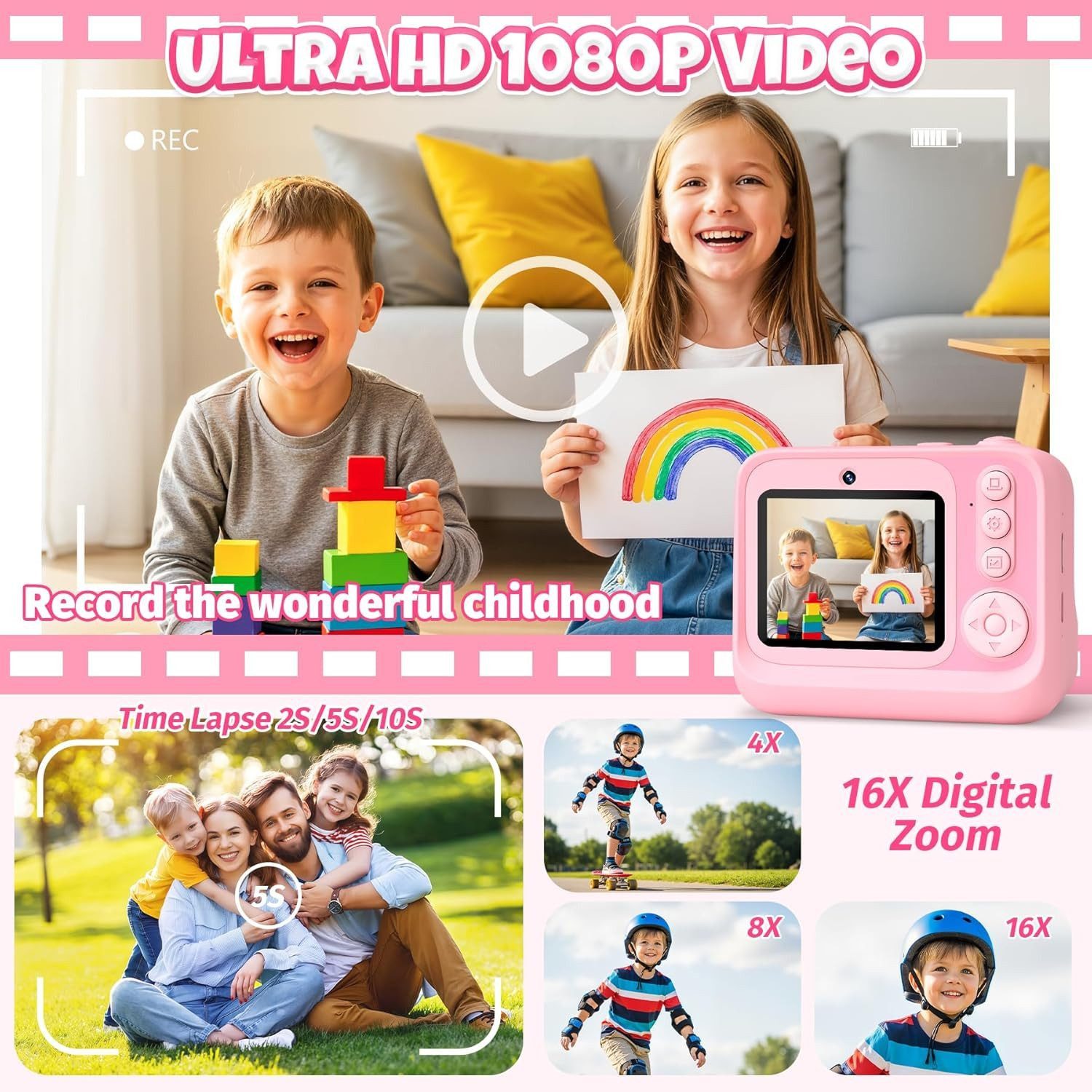 Ophy Digitale Kinderkamera mit 2,4-Zoll-Display, 32GB Karte & 1080p Video Sofortbildkamera (Selfie-Kamera als Spielzeuggeschenk für Mädchen & Jungen (Rosa)