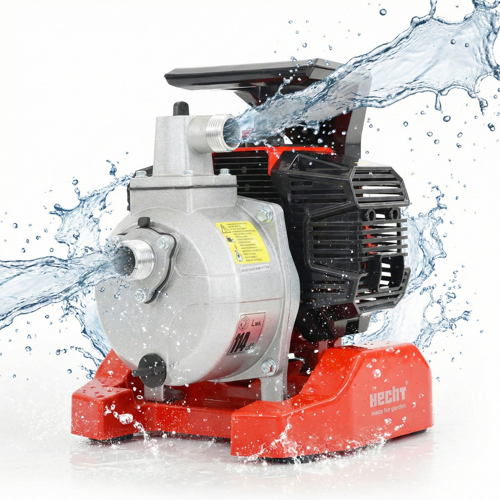 Hecht Wasserpumpe Benzin bis 7000 l/h, 1,45kW / 2PS, 25m Förderhöhe, 8m Saughöhe, 2,5 bar, 9500 1/min, Mischflasche, Saugfilter, Schlauchstutzen