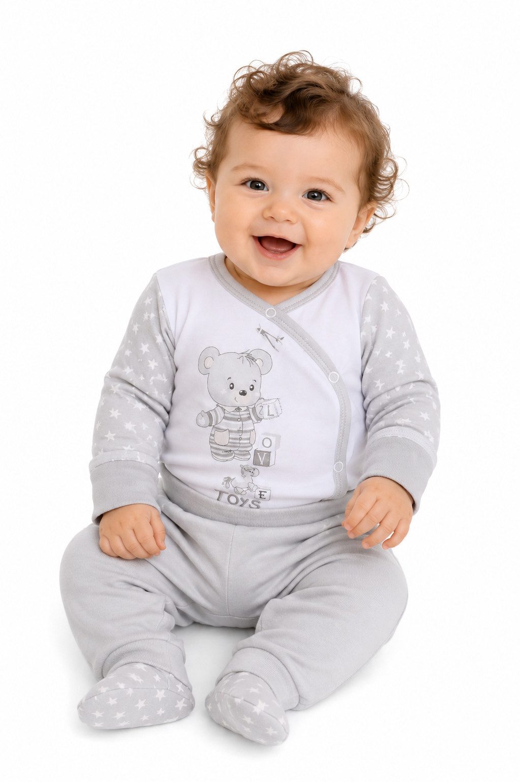 Wickelbody Wickelbody Hose Baby Anzug Set Body in Grau mit Sternchen
