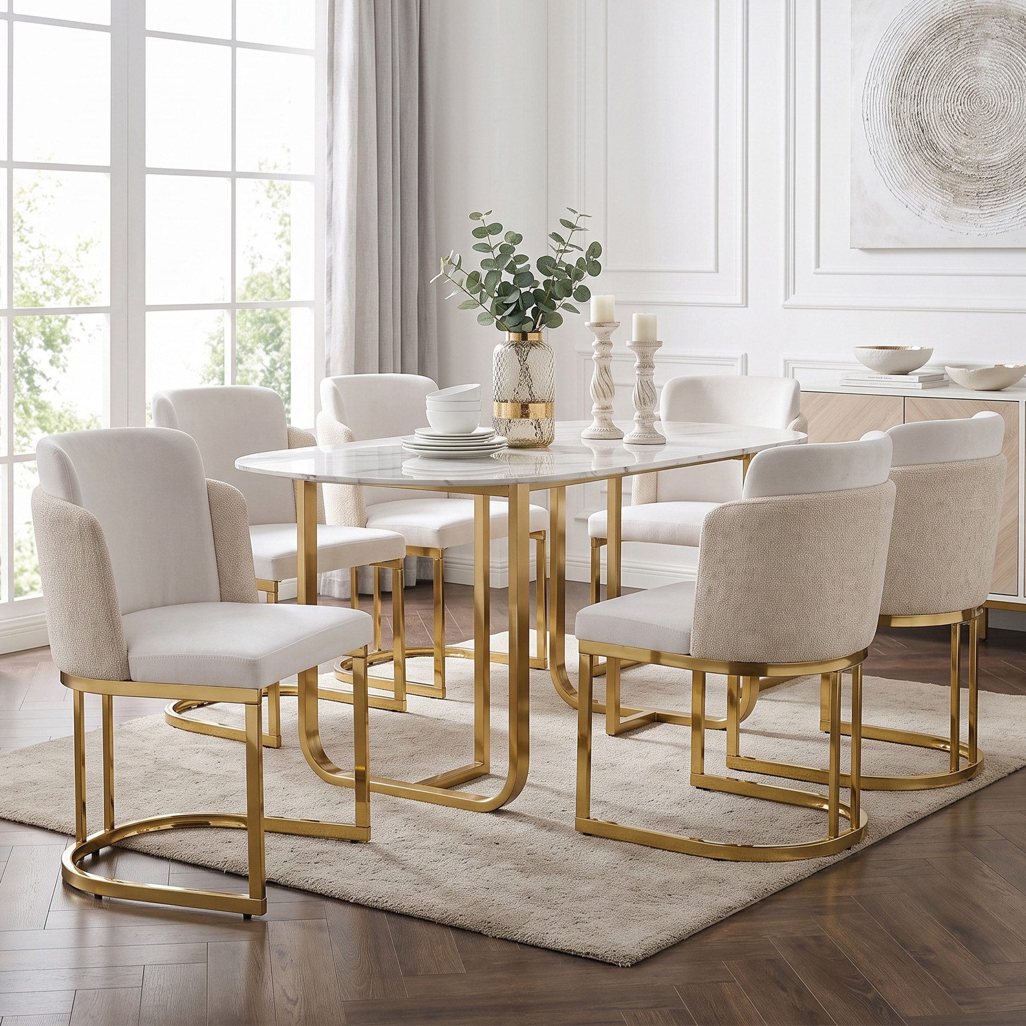Flieks Freischwinger Bezug aus Chenille-Stoff, galvanisierte Metallbeine (mit verstellbaren Fußpolstern, Set, 6 St), 6er Set Esszimmerstühle Polsterstühle mit doppelter Rückenlehne Beige
