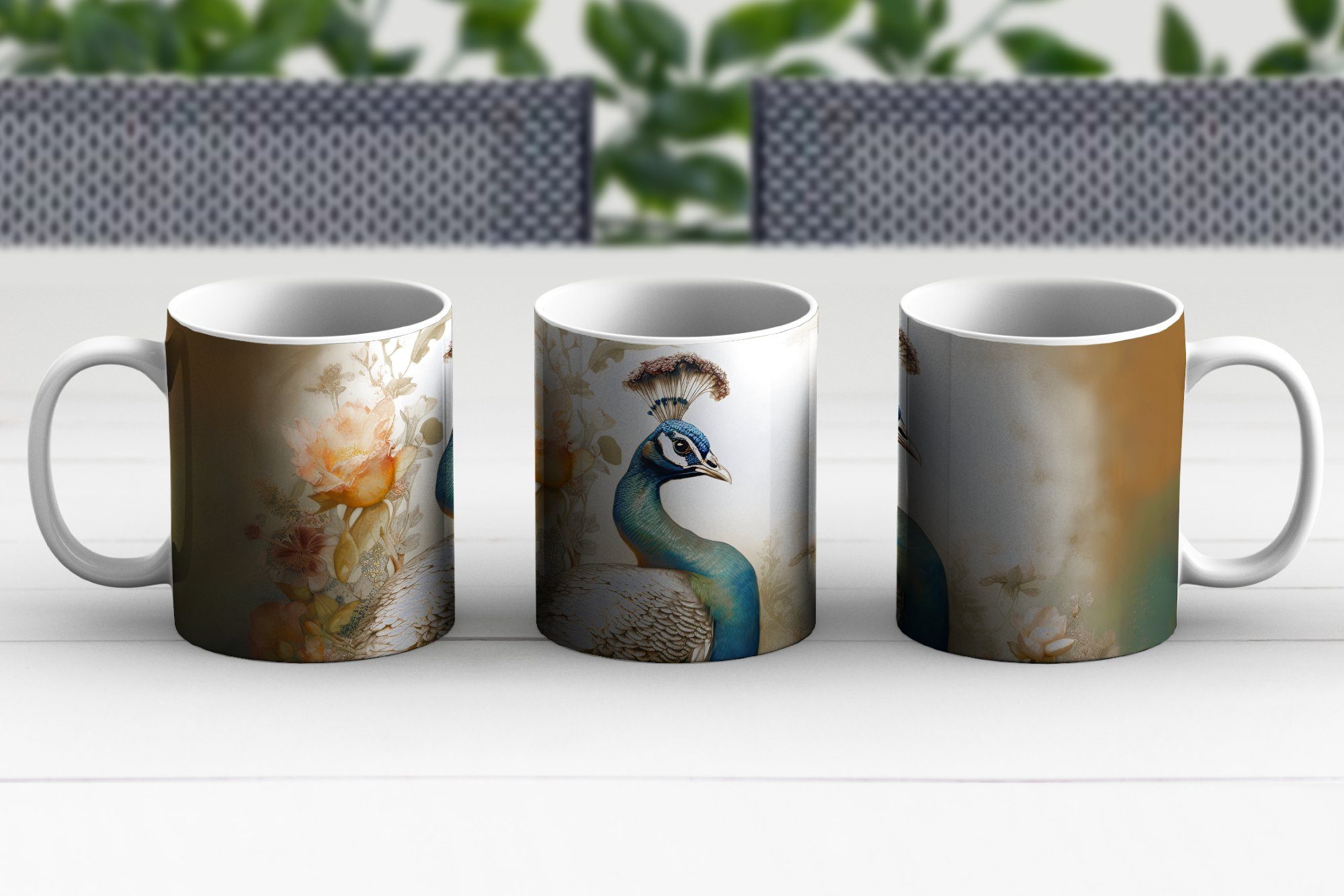 Blumen Kaffeetassen, Pfau Pfauenfedern MuchoWow - Keramik, Teetasse, - - Teetasse, Botanisch, Becher, Geschenk Tasse