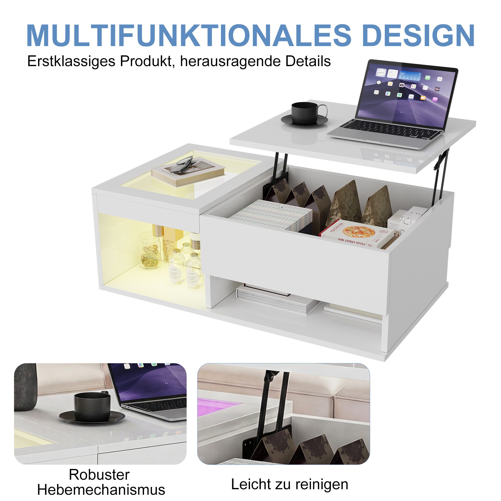 ADWOLT Couchtisch anhebbarer Kaffeetisch Wohnzimmertisch mit LED Beleuchtung, Sofatisch mit verstecktem Stauraum, Hochglanz Beistelltisch,Weiß