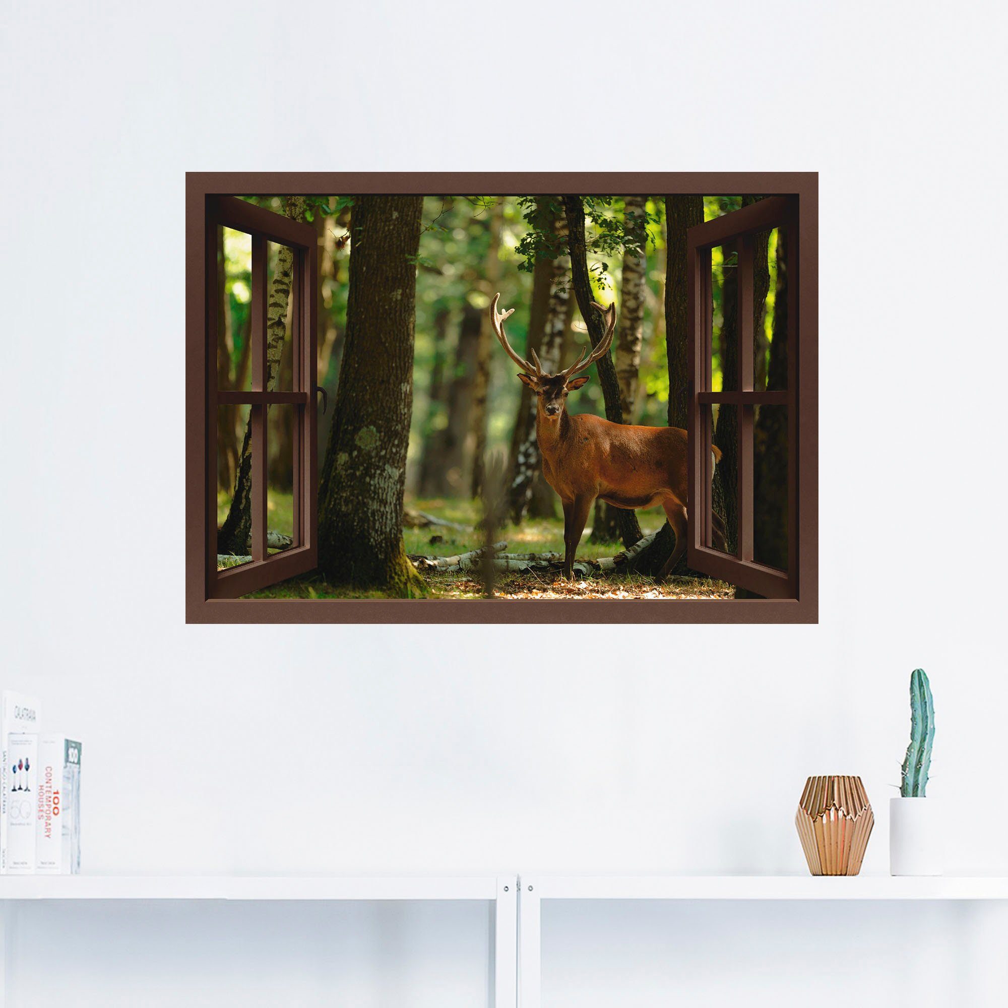 Artland Wandbild Fensterblick - Hirsch 4 - Wald, Fensterblick (1 St), als  Leinwandbild, Wandaufkleber in verschied. Größen