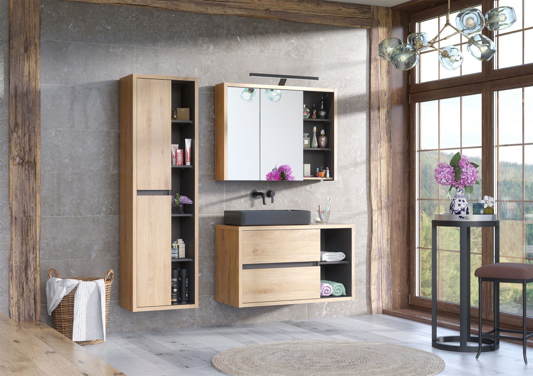 Fun Мебель Badmöbel-Set 4-tlg oder 3-tlg MARINA mit/ohne Waschtisch 60 cm, (Set, 3-St., Unterschrank, Hochschrank, Spiegelschrank, m./o. Aufsatzwaschtisch), Выдвижные ящики und Двери mit Soft-Close-System, Spiegelschrank inkl. LED