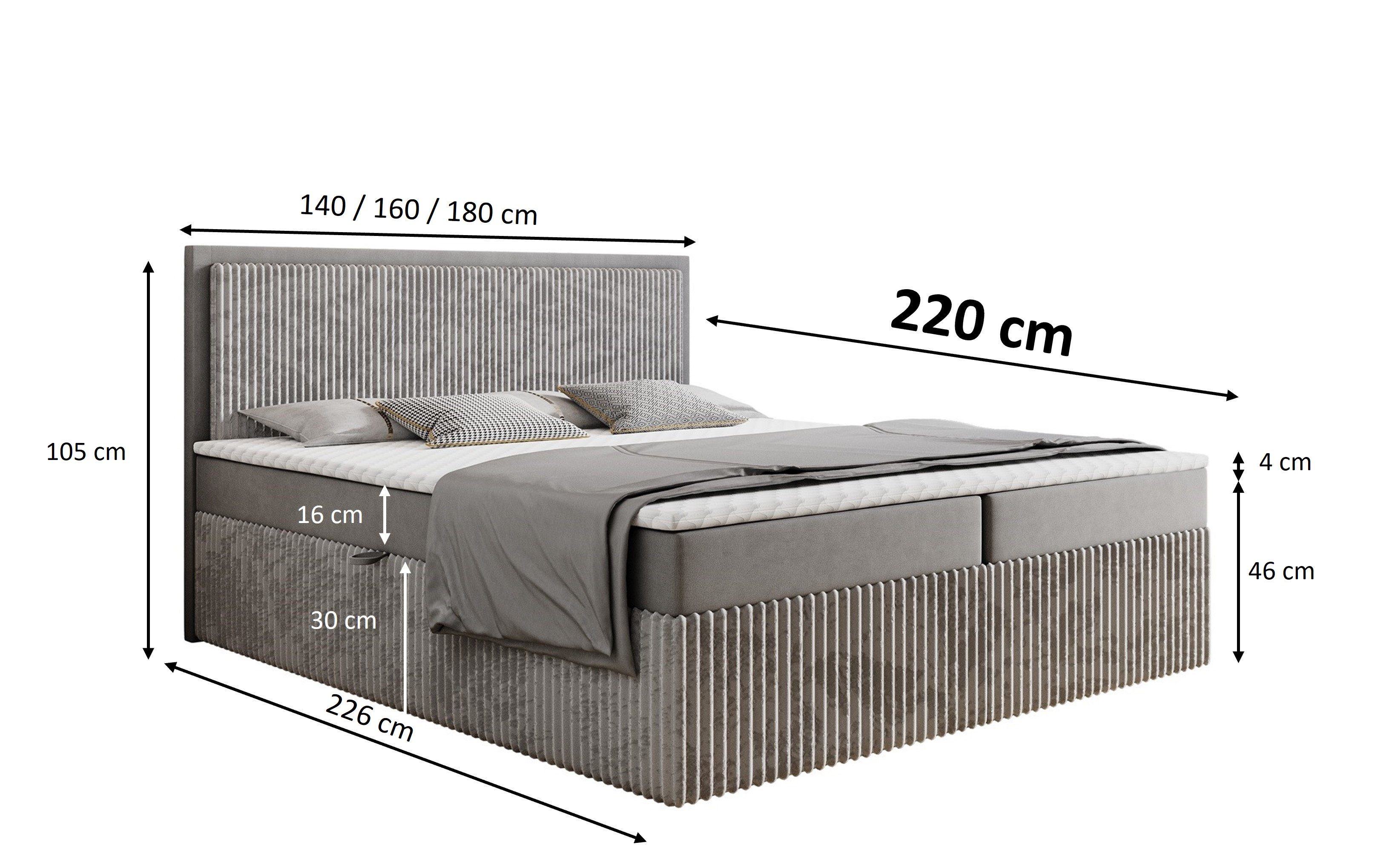 Labett Boxspringbett CLEO 140x220 160x220 180x220 - Überlänge 220 cm / Speed Versand (2 Bettkästen, Topper), Überlänge 220 cm – Bild 5 von 5