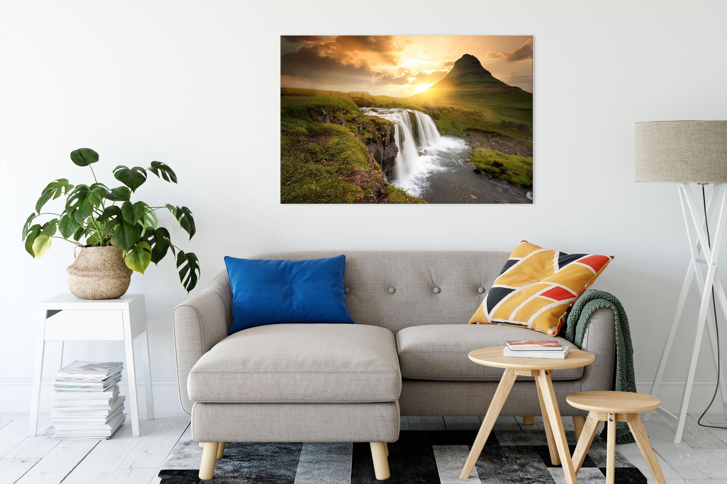 Leinwandbild bei Leinwandbild Wasserfall inkl. fertig St), Sonnenuntergang (1 Pixxprint bei bespannt, Sonnenuntergang, Zackenaufhänger Wasserfall