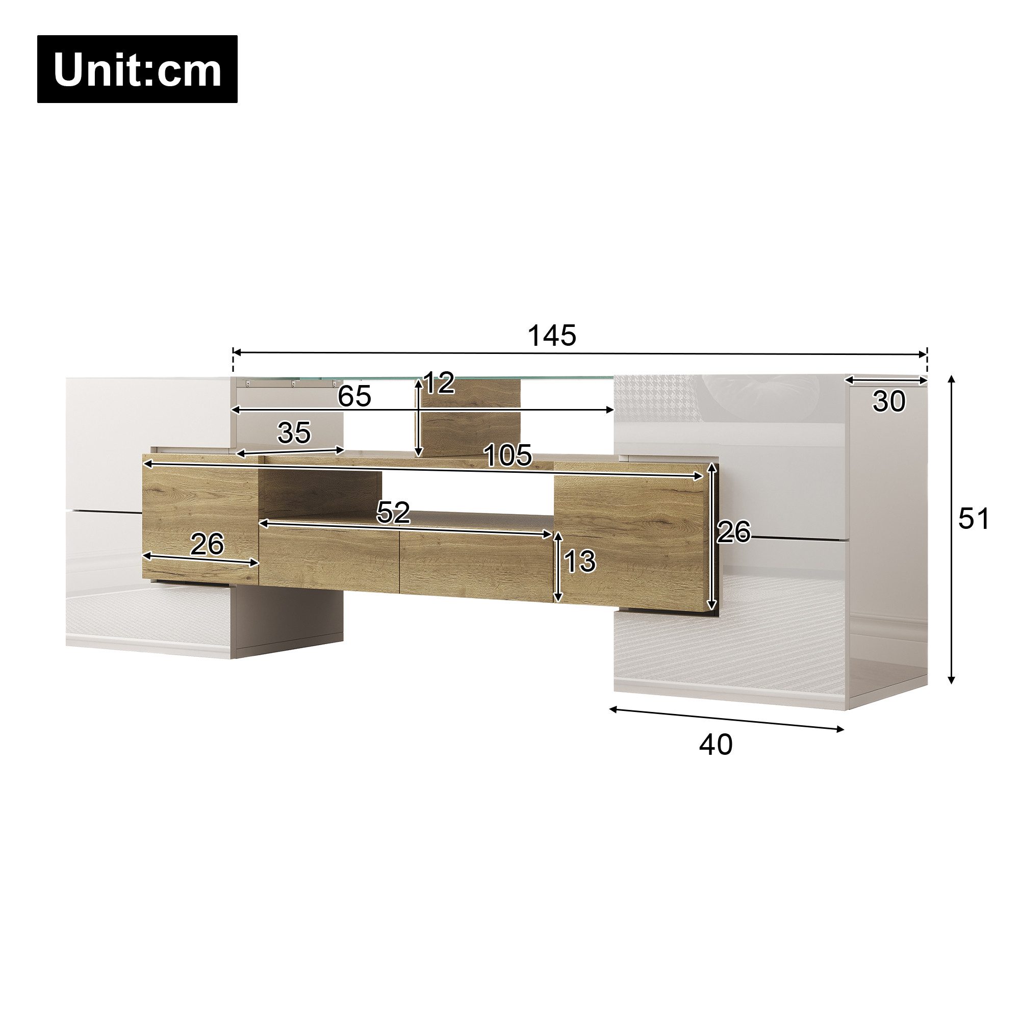 Merax TV-Schrank Hochglanz (1-St) Lowboard mit LED und Stauraum, Fernsehtisch, TV-Ständer, Breit: 145 cm – Bild 5 von 5