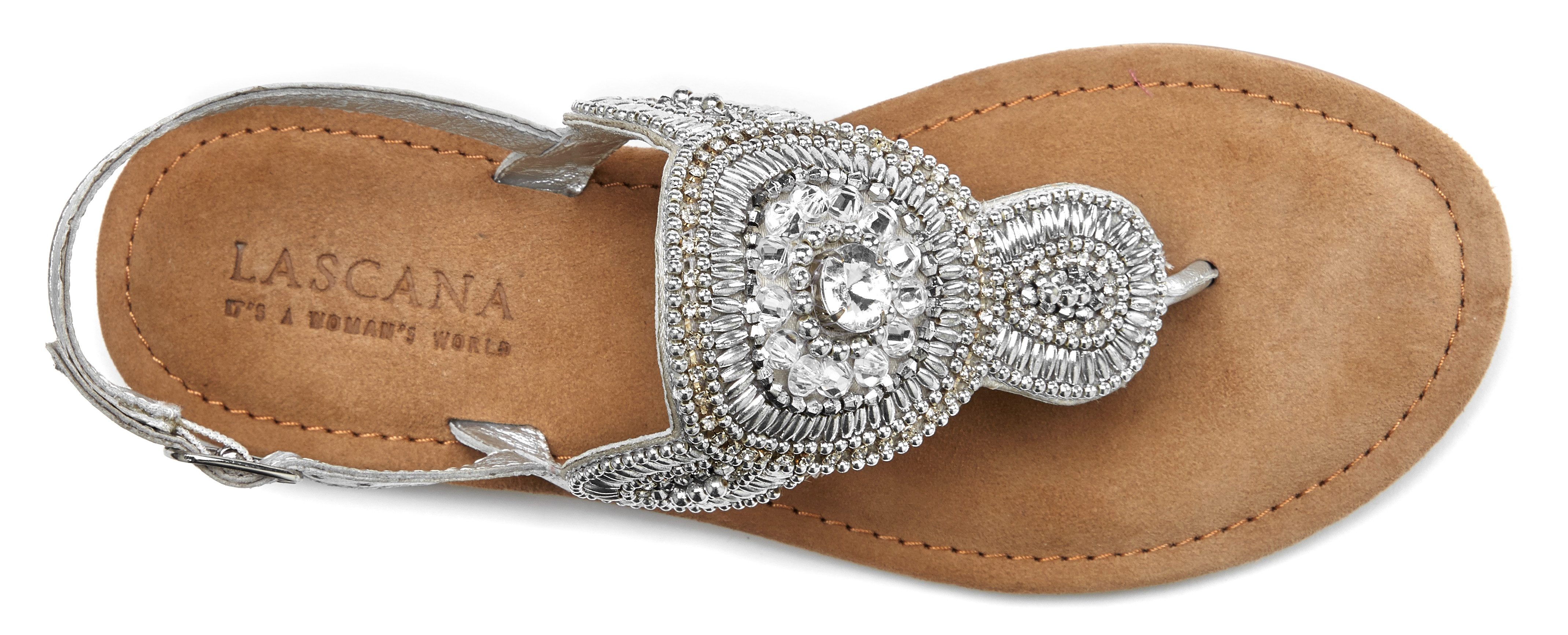 LASCANA Zehentrenner Sandale, Pantolette in Glitzer-Optik und softer Lederinnensohle