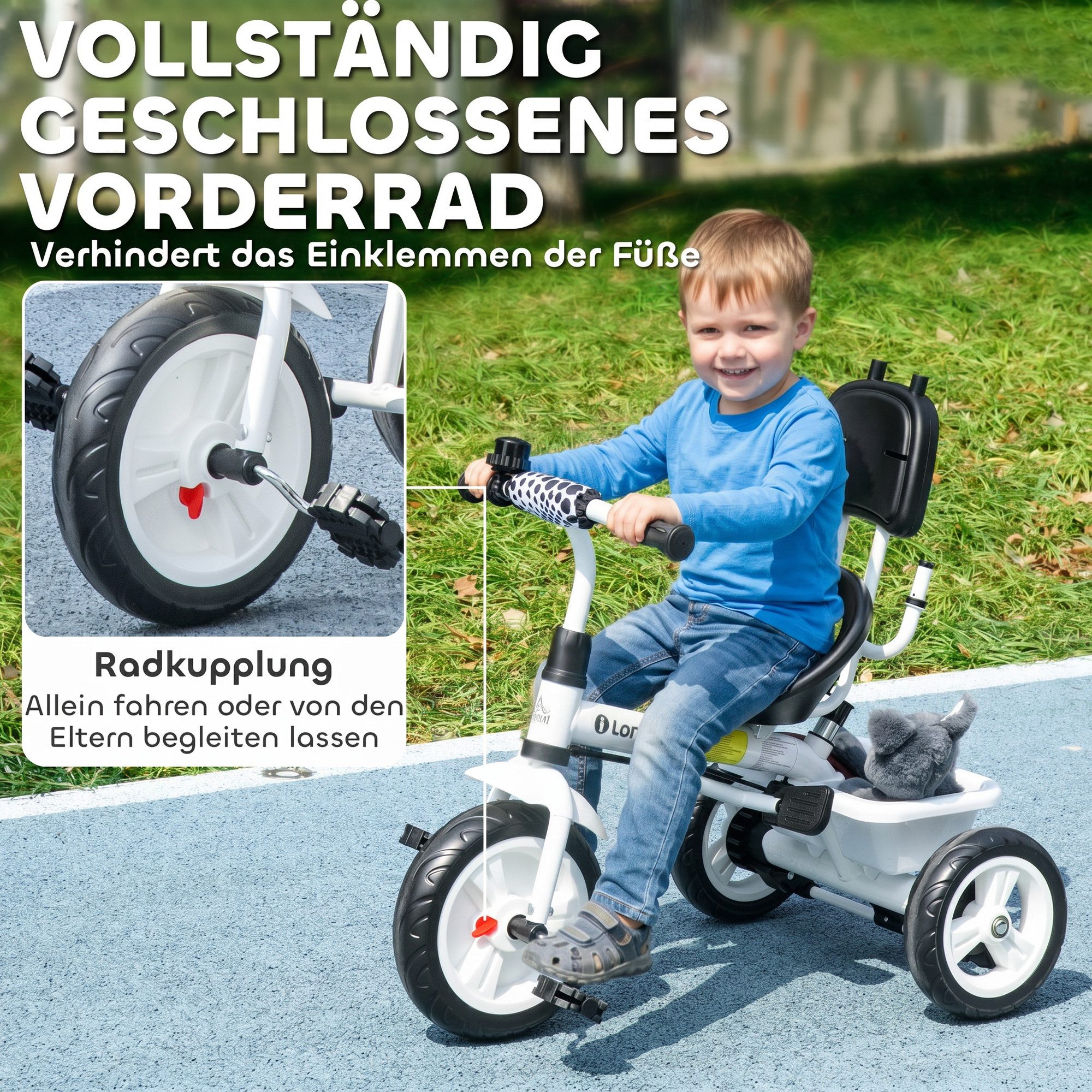 HOMCOM Dreirad 6-in-1 mit Schubstange Kinderdreirad mit abnehmbarem Sonnendach, für 12-60 Monate, Weiß – Bild 4 von 5