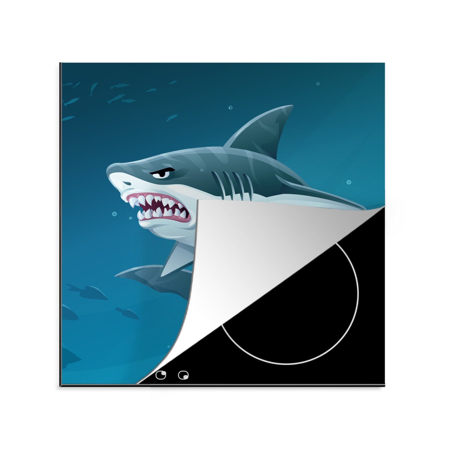 MuchoWow Herdblende-/Abdeckplatte Eine Illustration eines wütenden weißen Hais im Ozean, Vinyl, (1 tlg), 78x78 cm, Ceranfeldabdeckung, Arbeitsplatte für küche