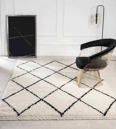 Teppich Bahar Shaggy Hochflor Teppich Rauten Muster Creme-Schwarz, the carpet, Rechteck, Höhe: 35 mm