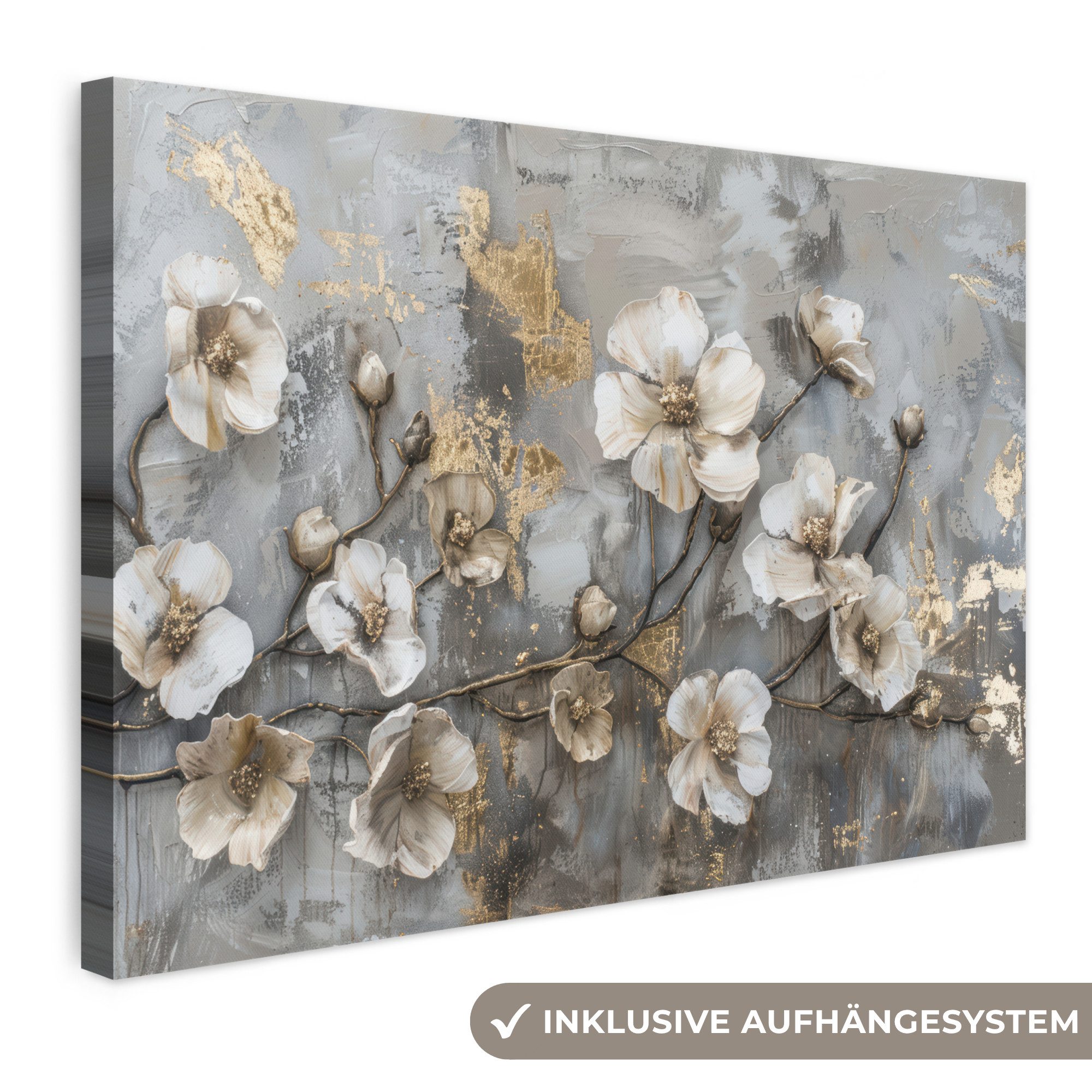 OneMillionCanvasses® Leinwandbild Blumen - Weiß - Grau - Gold - Luxus, Fotodruck (1 St), Leinwand Bilder Klein, Wand Dekoration Aesthetic 30x20 cm