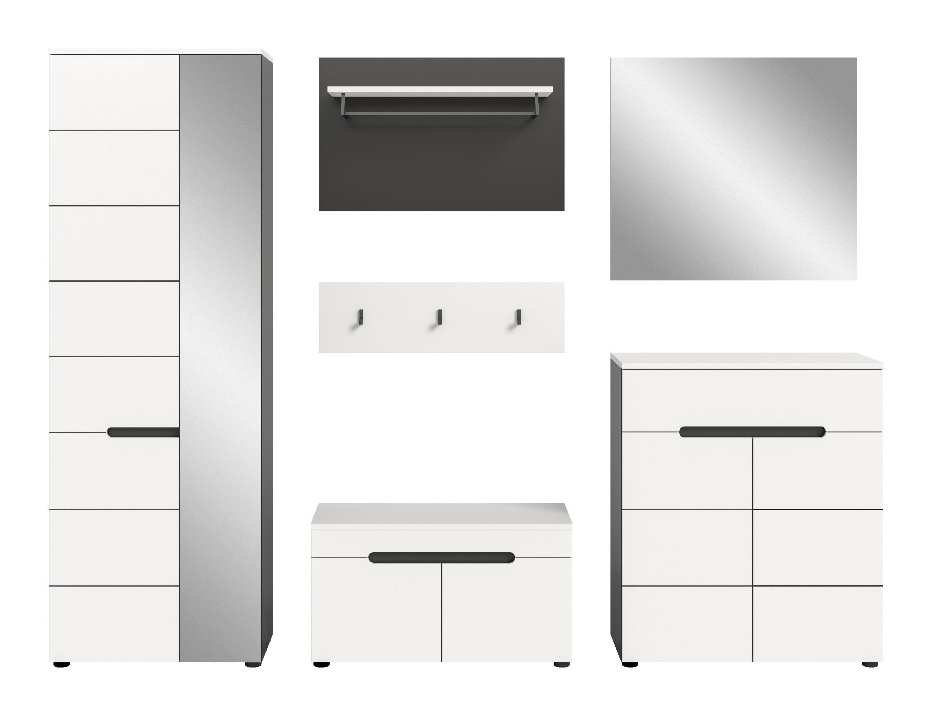 xonox.home Garderoben-Set, (5tlg. Set inkl. Garderobenschrank, Sitzbank, Paneel, Schuhkommode), Basalt grau Nachbildung Melamin beschichtet modern 255x190x37 cm