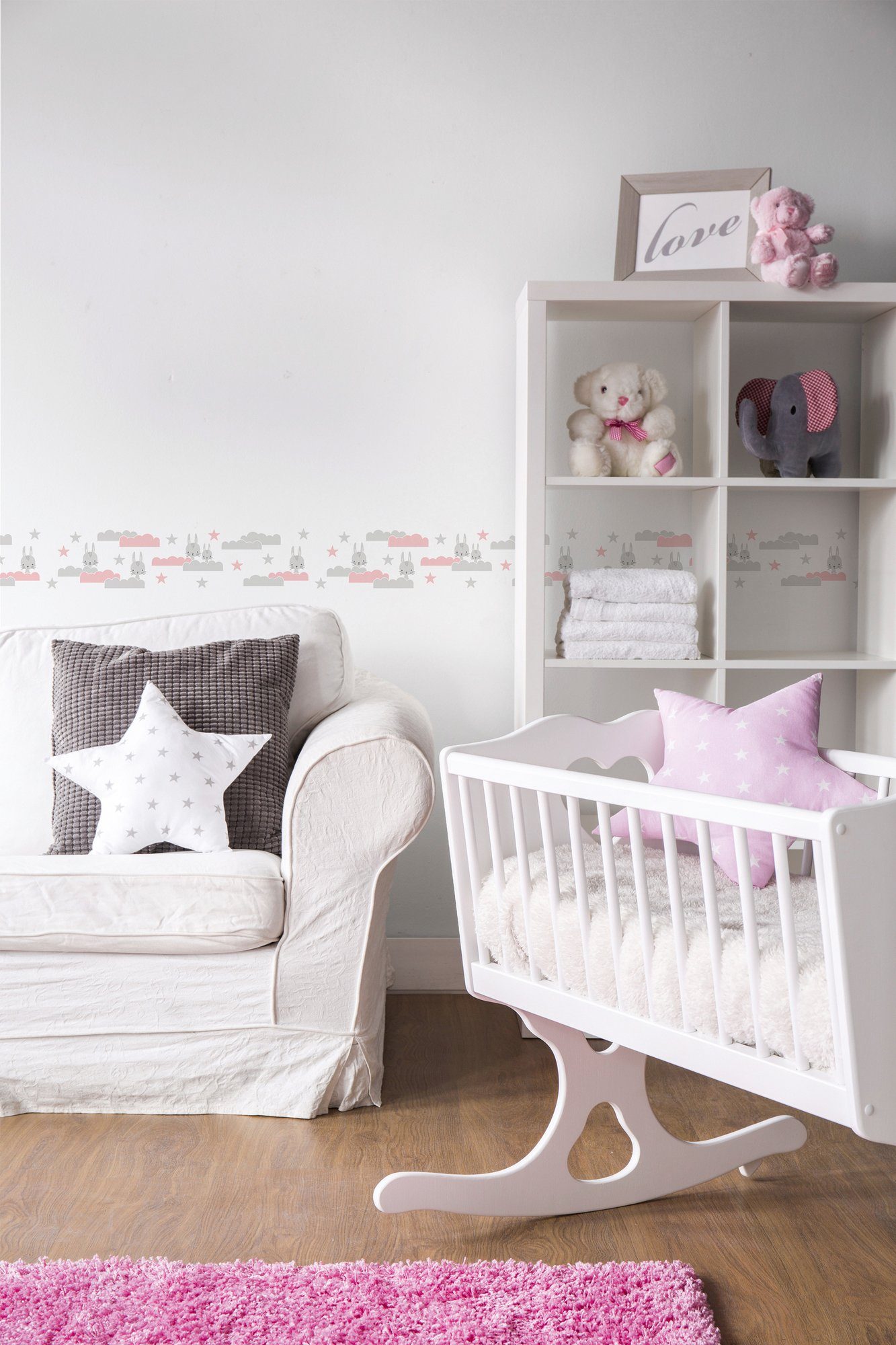 Création Rosa glatt, Tapete Bordüre Kinderzimmertapete Weiß Bunny, Baby- Kinderzimmer und Dreamy Grau A.S. für