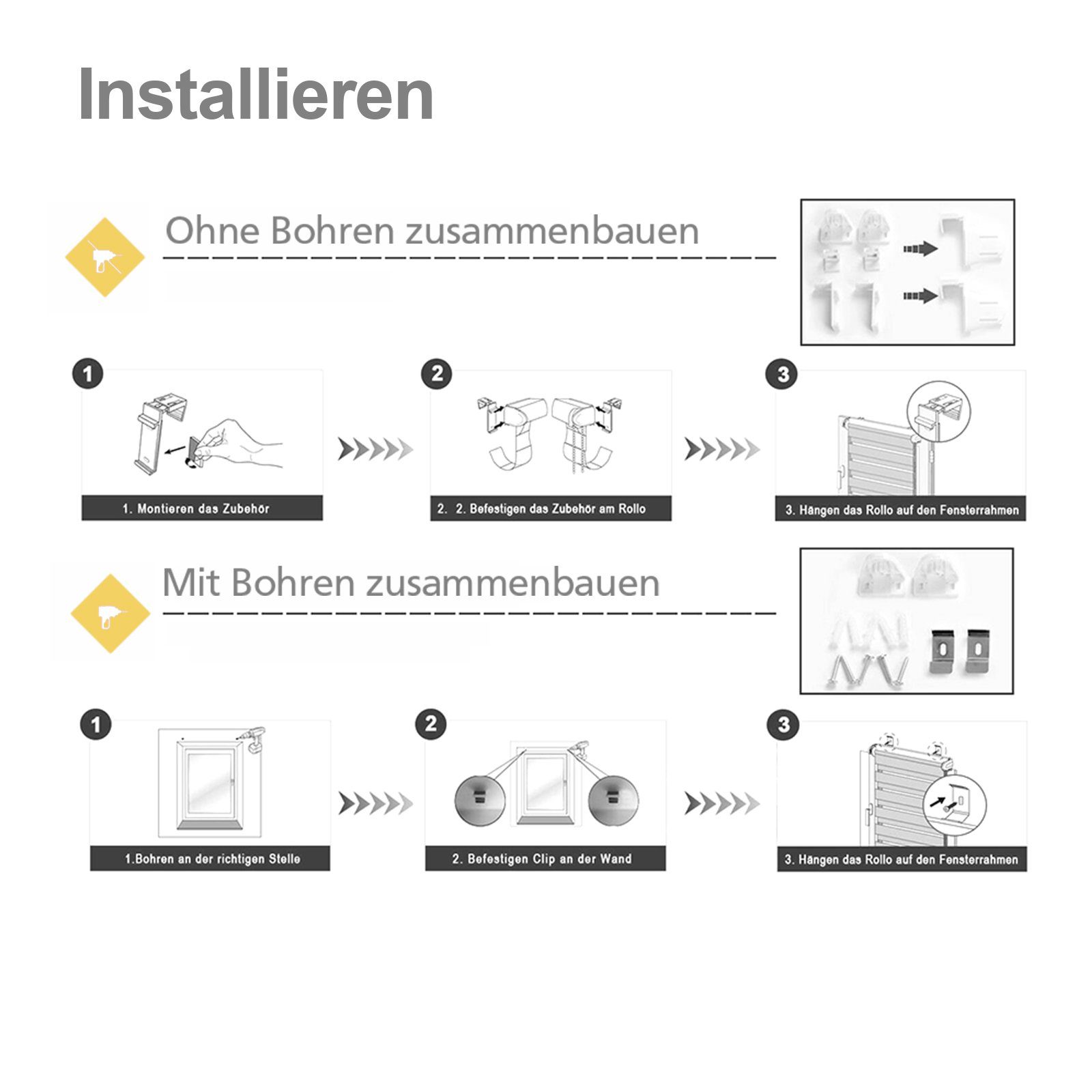 i@home, Klemmträgern, Duo mit Rollo blickdicht, Doppelrollo freihängend, Bohren, Lichtschutz,ohne Rollo Klemmfix, Weiß