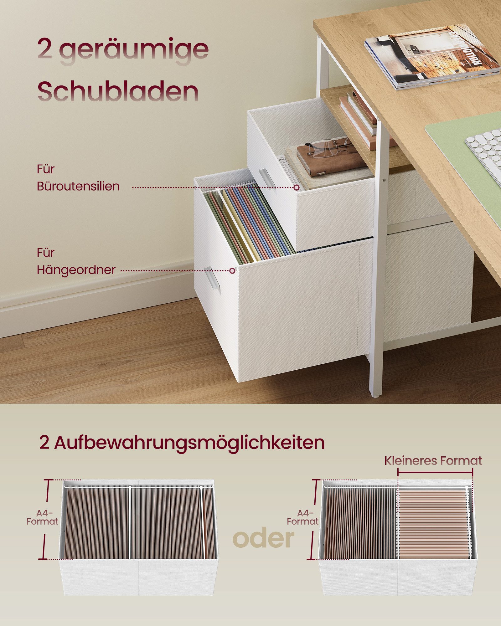 VASAGLE Schreibtisch Computertisch, Bürotisch, mit 3 Ablagen, 2 Schubladen, 140/160 cm