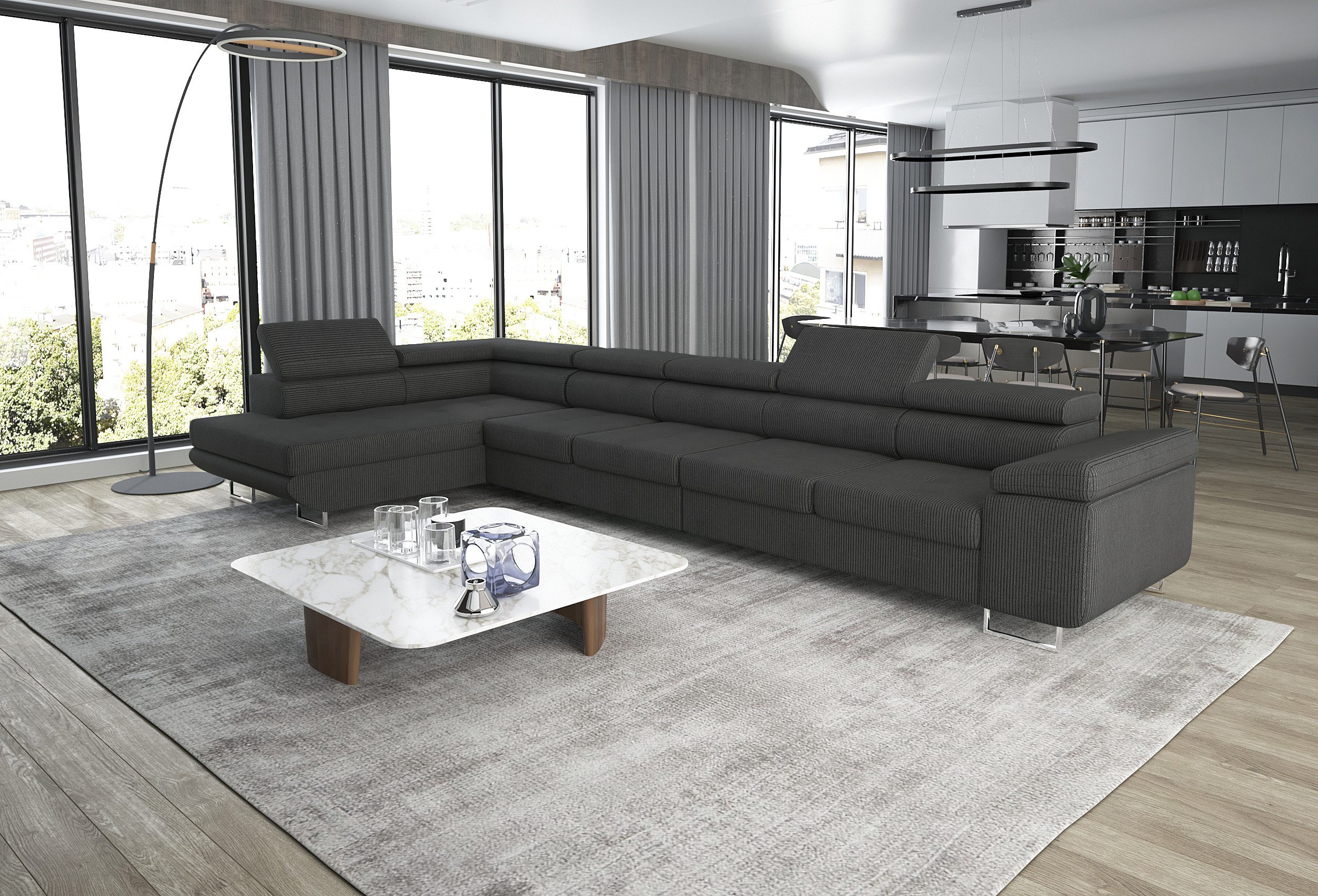 thematys Ecksofa ASTON MAXI 405 x 203cm mit Schlaffunktion & Bettkasten –, L-Sofa mit 5 verstellbaren Kopfstützen, Samt (Monolith), Cord (Poso) - L-Form, XL-Wohnlandschaft, 405 cm breit