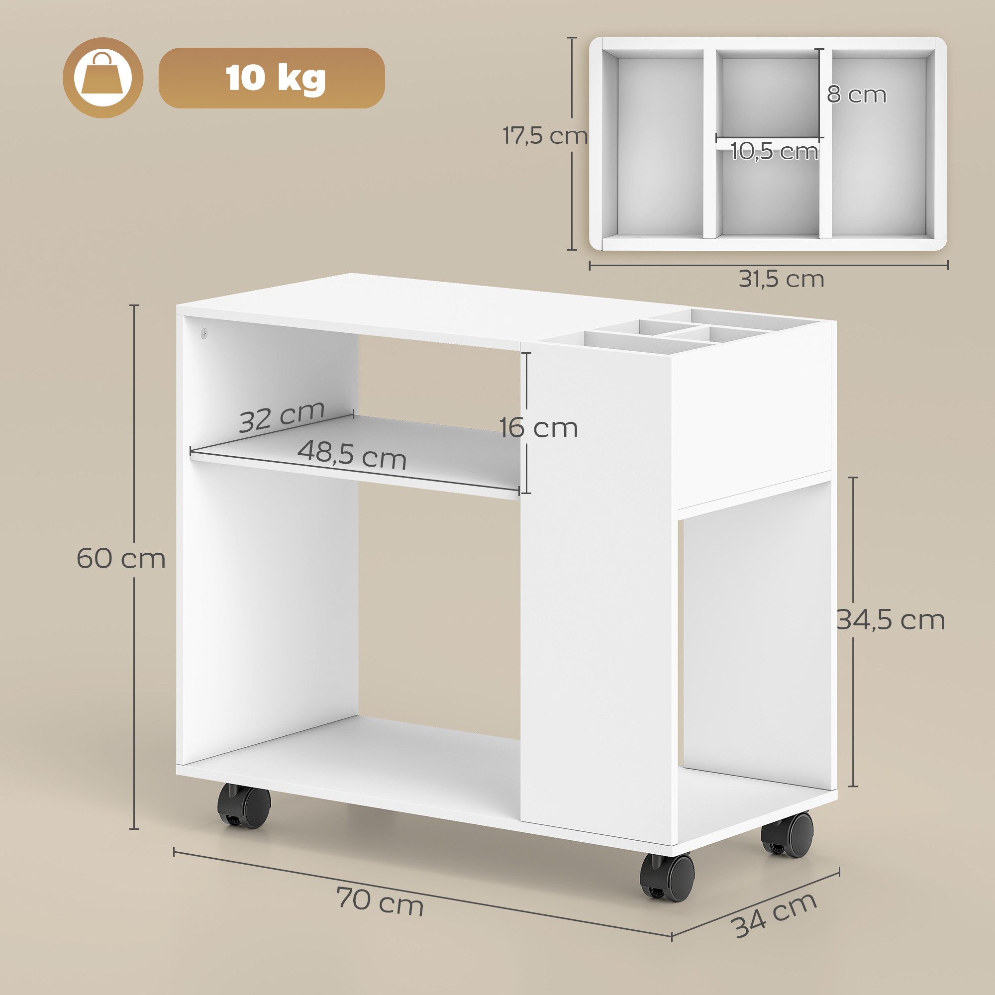 HOMCOM Aktenschrank Druckerständer, Druckerwagen, für Drucker, für Büro, Weiß (Druckertisch, 1-St., Schreibtisch Organizer) Mit Rollen und großem Stauraum