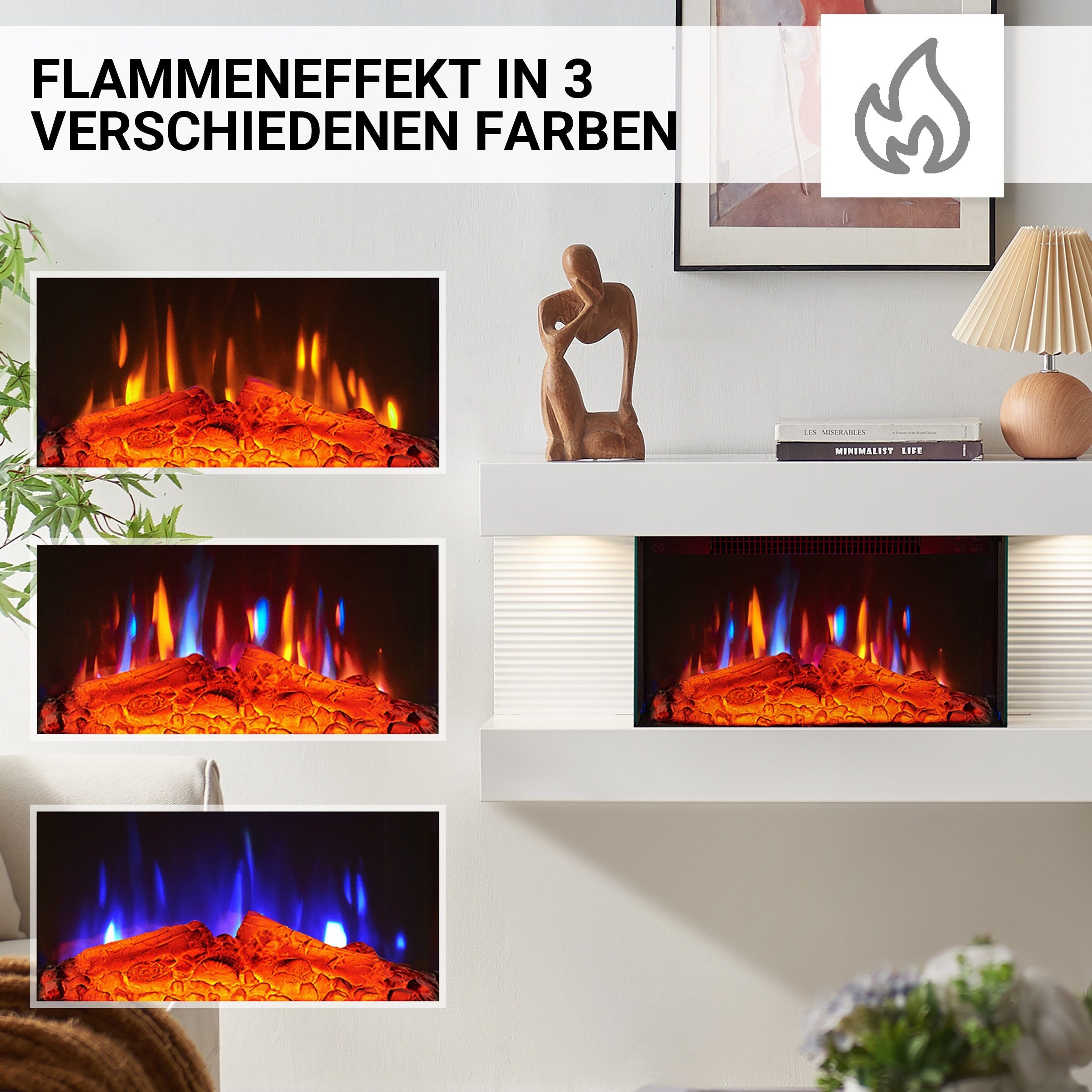 Balderia Elektrokamin Ida, Wandkamin mit Heizung 1800W, Fernbedienung, Thermostat Flammeneffekt, Timer, 3D