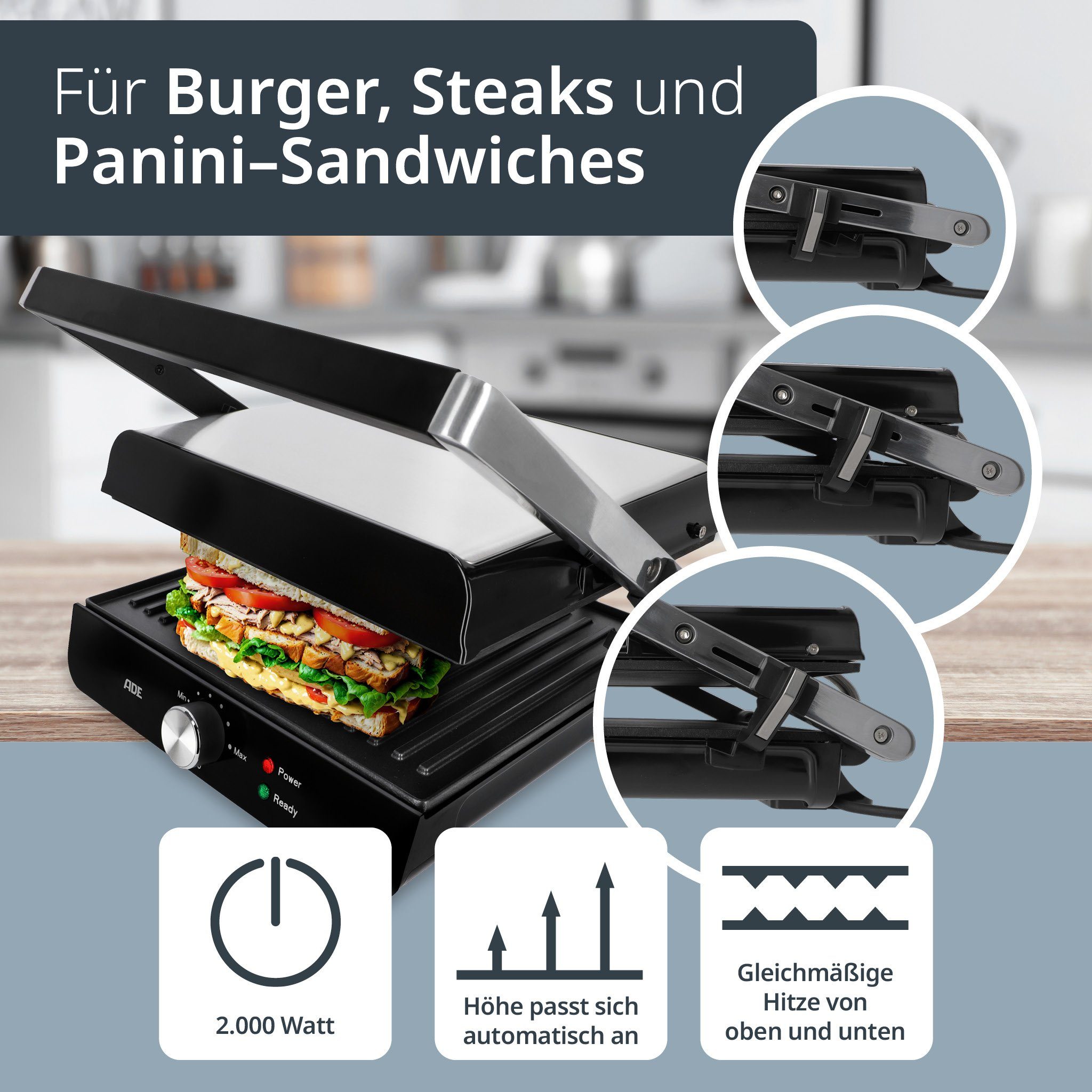 ADE Kontaktgrill 3-in-1 Sandwichmaker Paninitoaster Tischgrill, 2000,00 W, 180° aufklappbar, Antihaftbeschichtung, Temperaturregelung